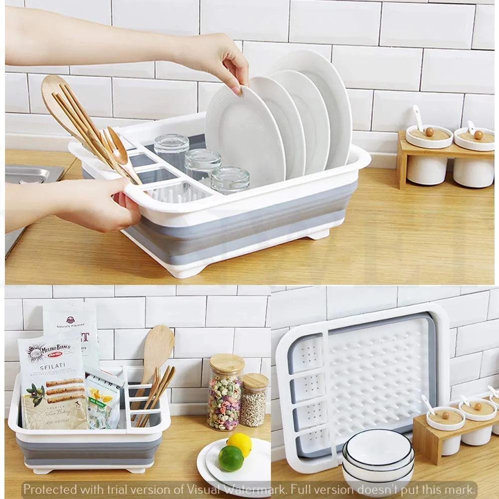 0633 Collapsible Folding Silicone Dish Drying Drainer Rack with Spoon Fork Knife Storage Holder