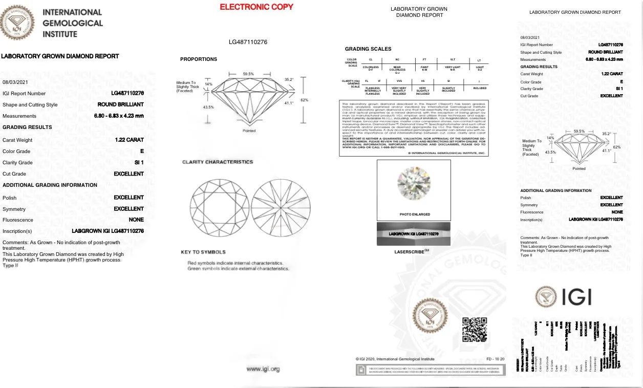 1.22ct E/SI1 RBC Lab Created Diamond IGI#487110276