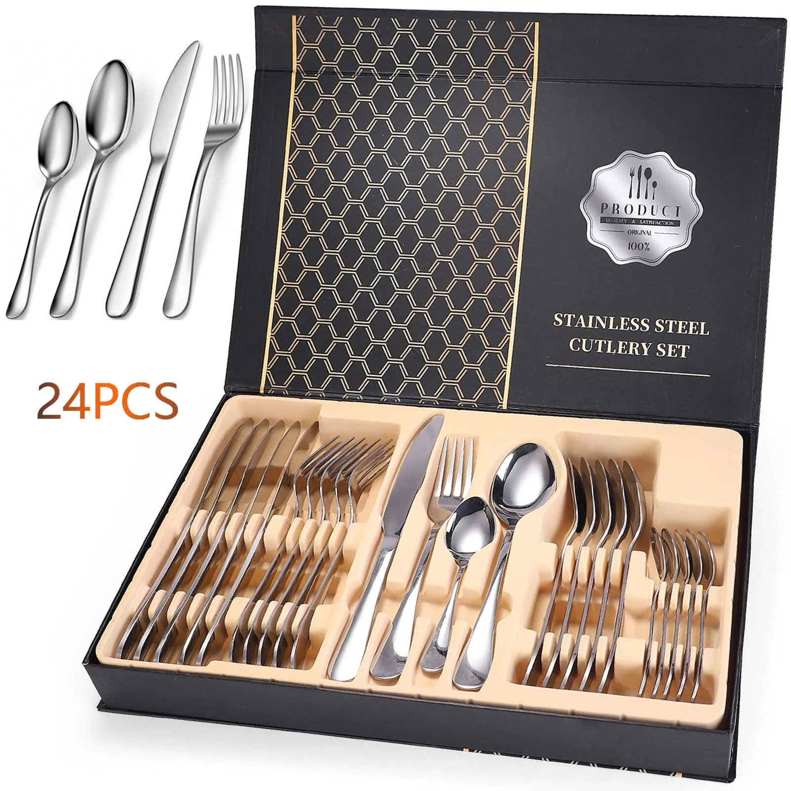 24 Piece Silverware Flatware Cutlery Set, Stainless Steel Utensils Service for 6