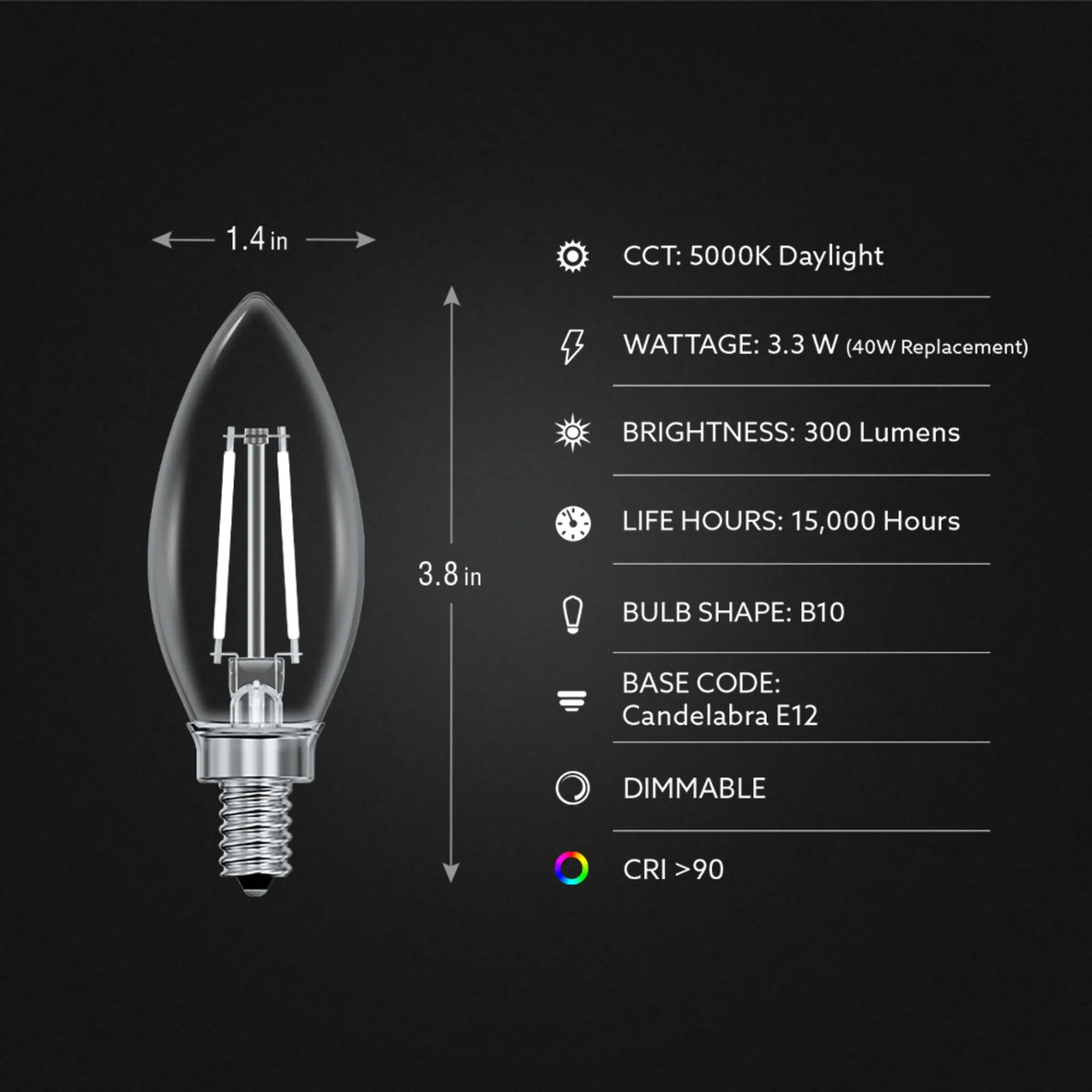 3.3W (40W Equivalent) Daylight White (5000K) E12 Base B10 White Filament LED Bulb (3-Pack)