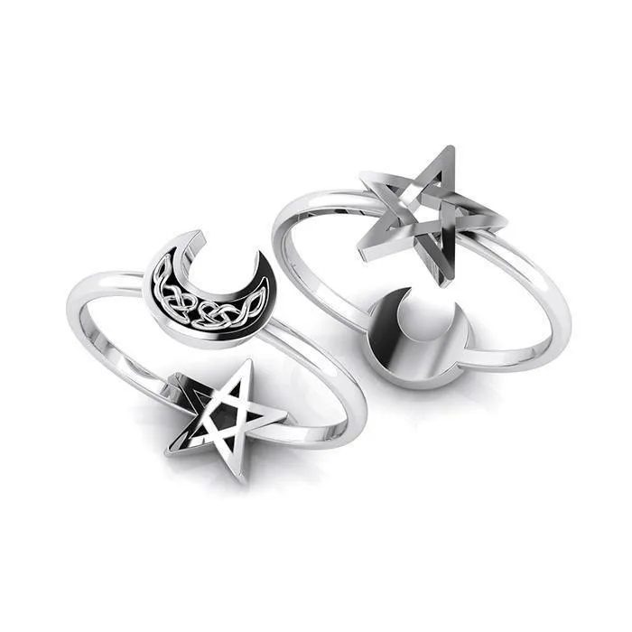 A spark of the beautiful beginning ~ Celtic Crescent Moon and Star Sterling Silver Ring TRI1681