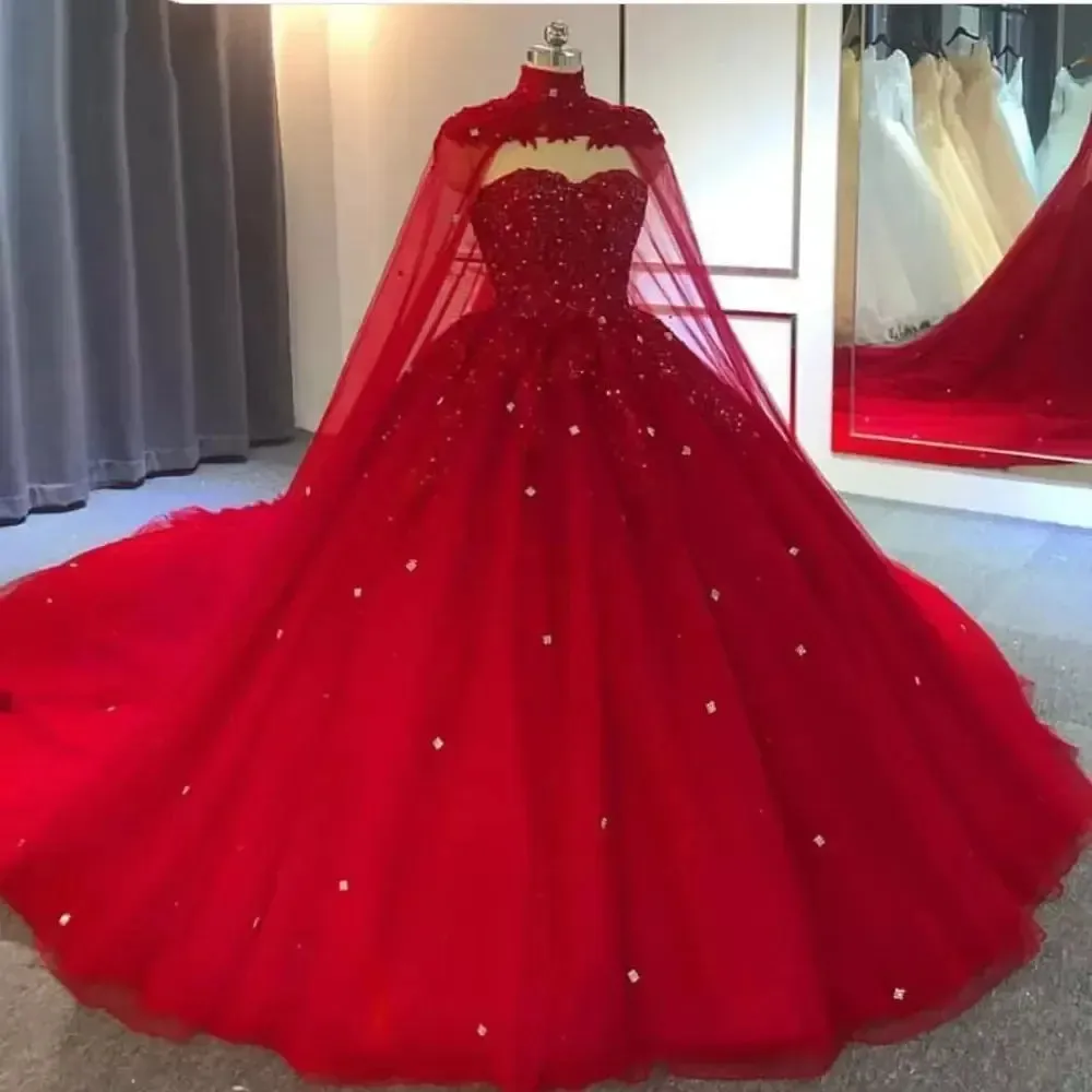 Beaded Lace Ball Gown with Cape