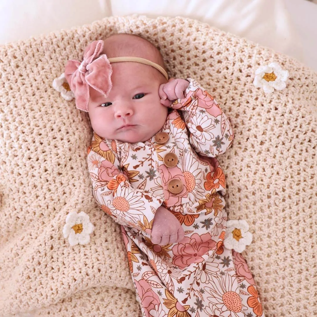 Boho Floral Newborn Baby Knot Gown & Hat Set