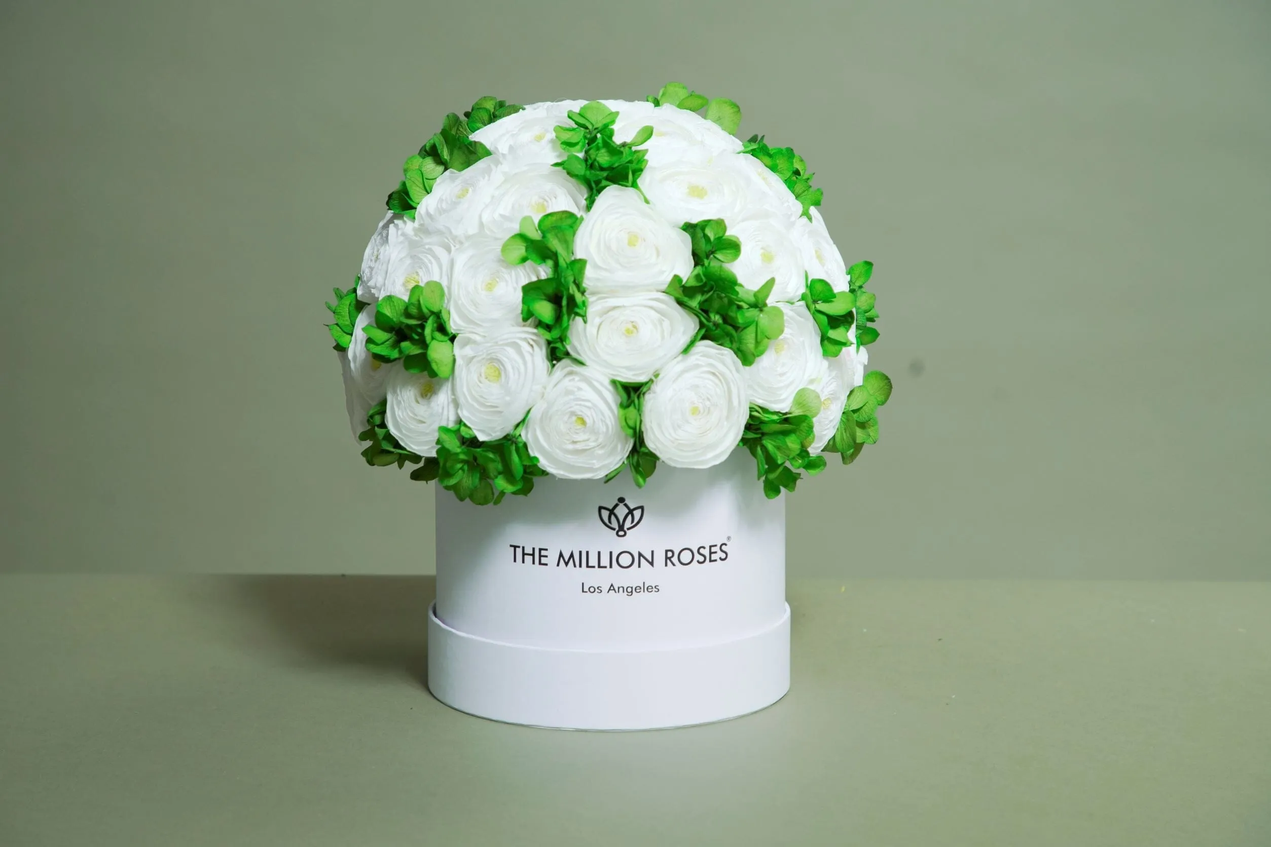 Classic Dark Green Suede Box | White Persian Buttercups & Green Hydrangeas