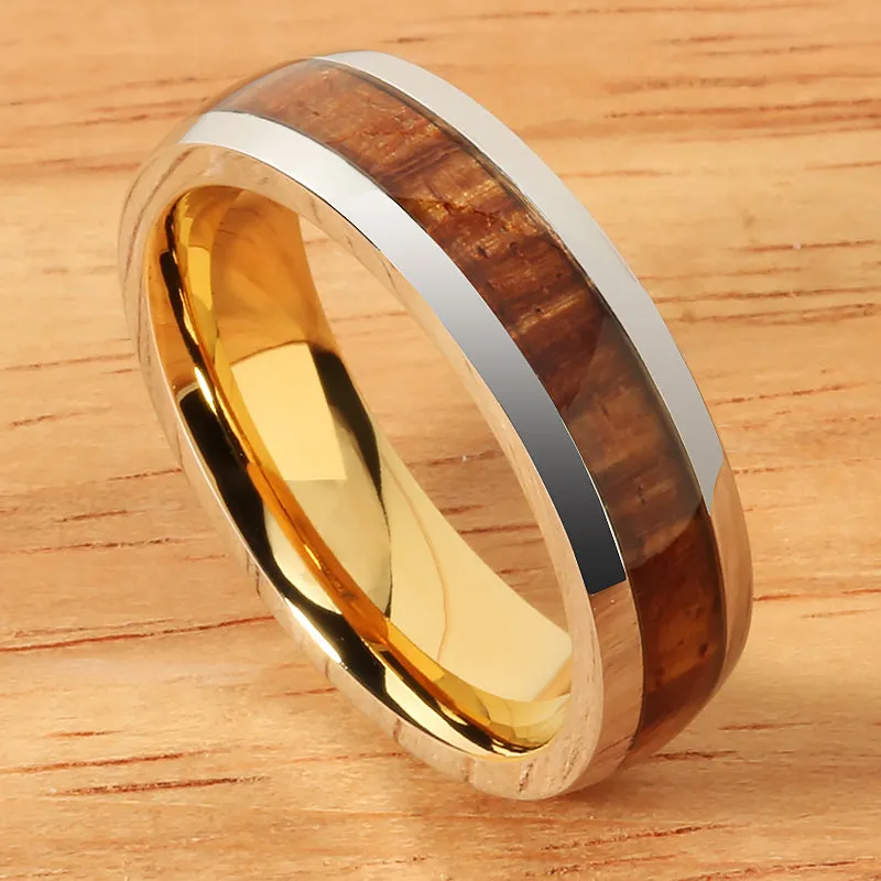 Cobalt Two-Tone Yellow Gold Plated Curly Koa Wood Oval Wedding Ring 6mm