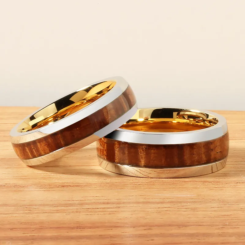 Cobalt Two-Tone Yellow Gold Plated Curly Koa Wood Oval Wedding Ring 6mm