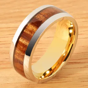 Cobalt Two-Tone Yellow Gold Plated Curly Koa Wood Oval Wedding Ring 8mm