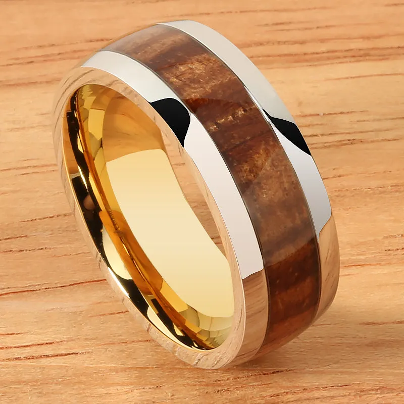 Cobalt Two-Tone Yellow Gold Plated Curly Koa Wood Oval Wedding Ring 8mm