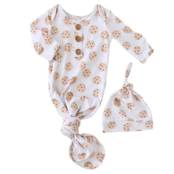 Cookie Crumble Newborn Baby Knot Gown & Hat Set