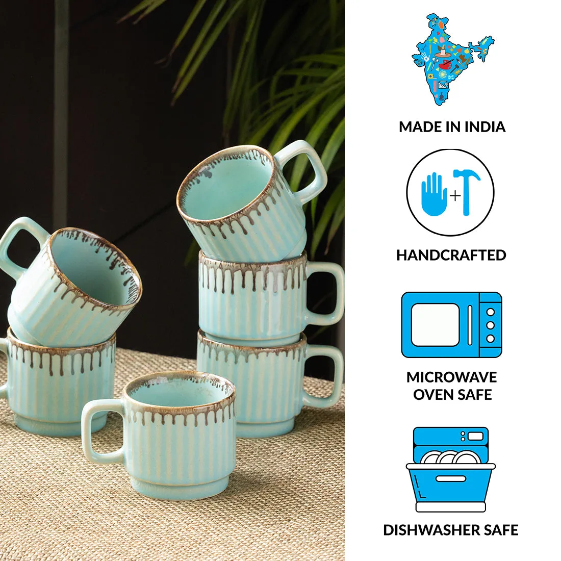 'Coral Reef' Tea Cups In Ceramic (Set Of 6, Hand Glazed Studio Pottery, Teal Green)