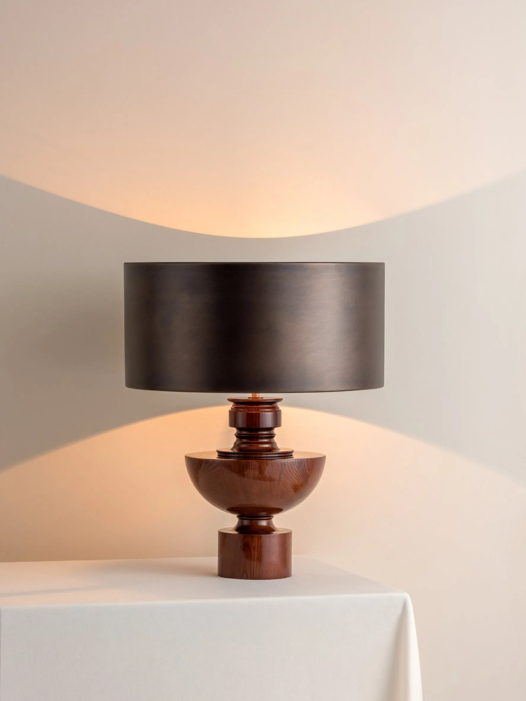 Editions spun wood lamp with   bronze shade