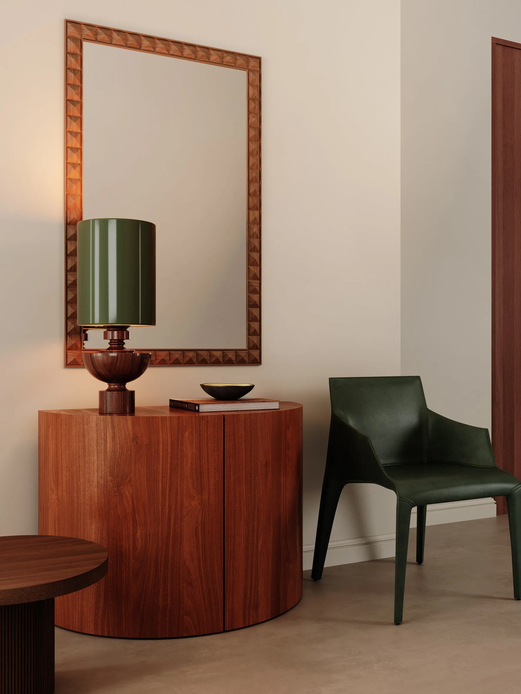 Editions spun wood lamp with   green lacquer shade