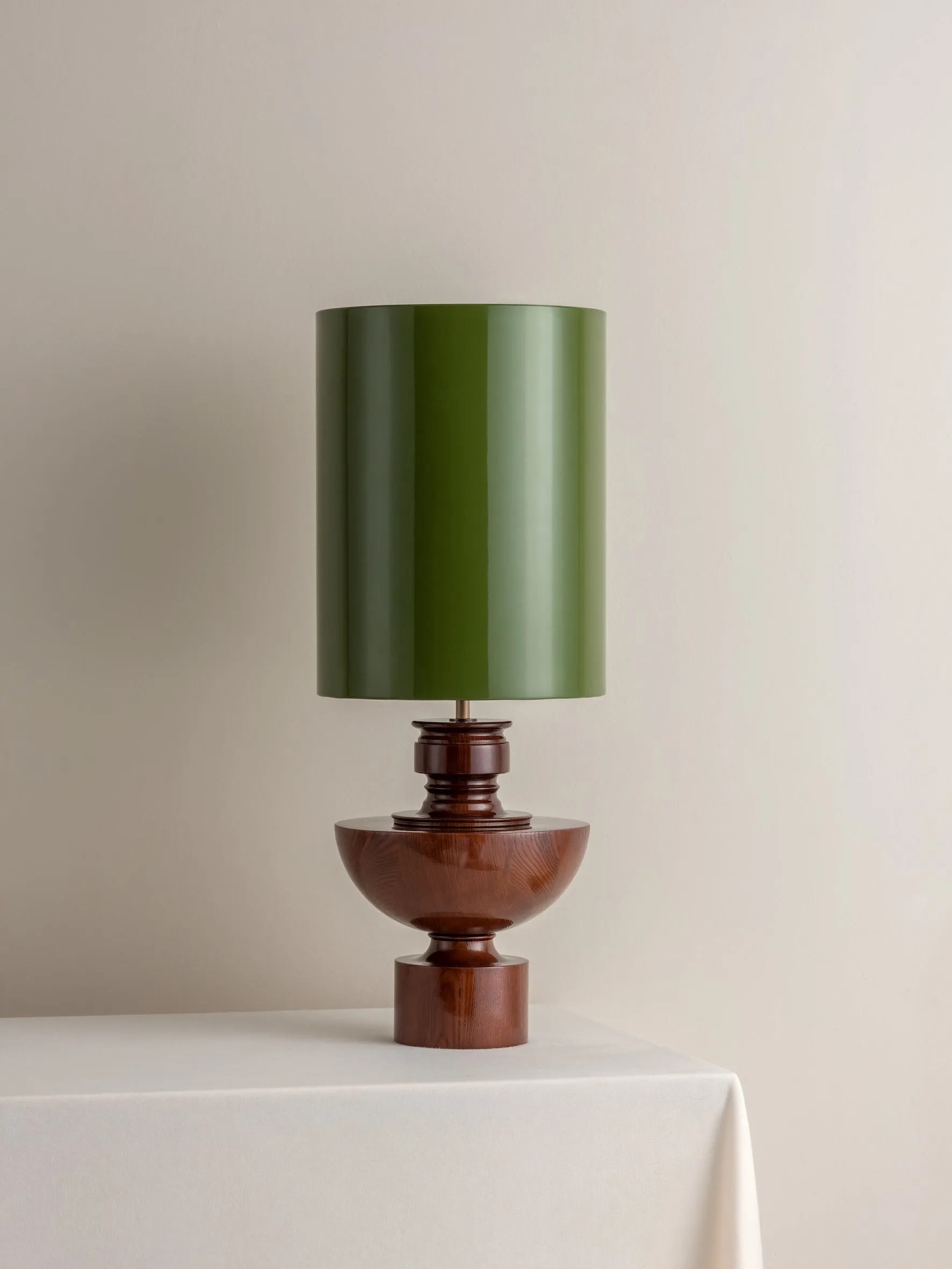 Editions spun wood lamp with   green lacquer shade