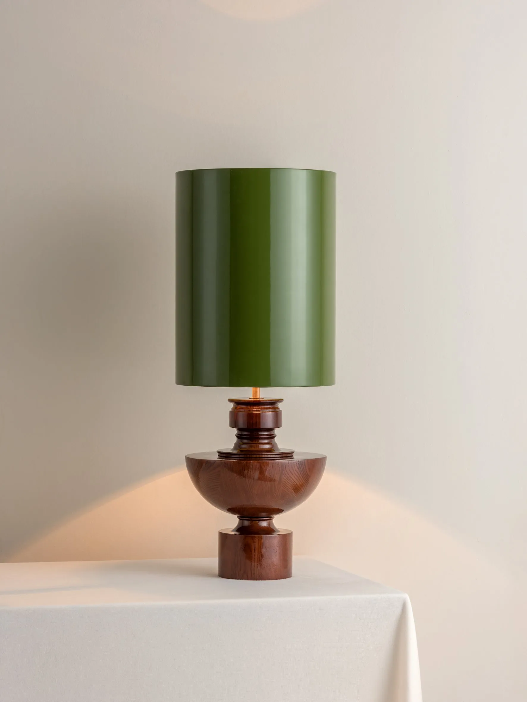 Editions spun wood lamp with   green lacquer shade