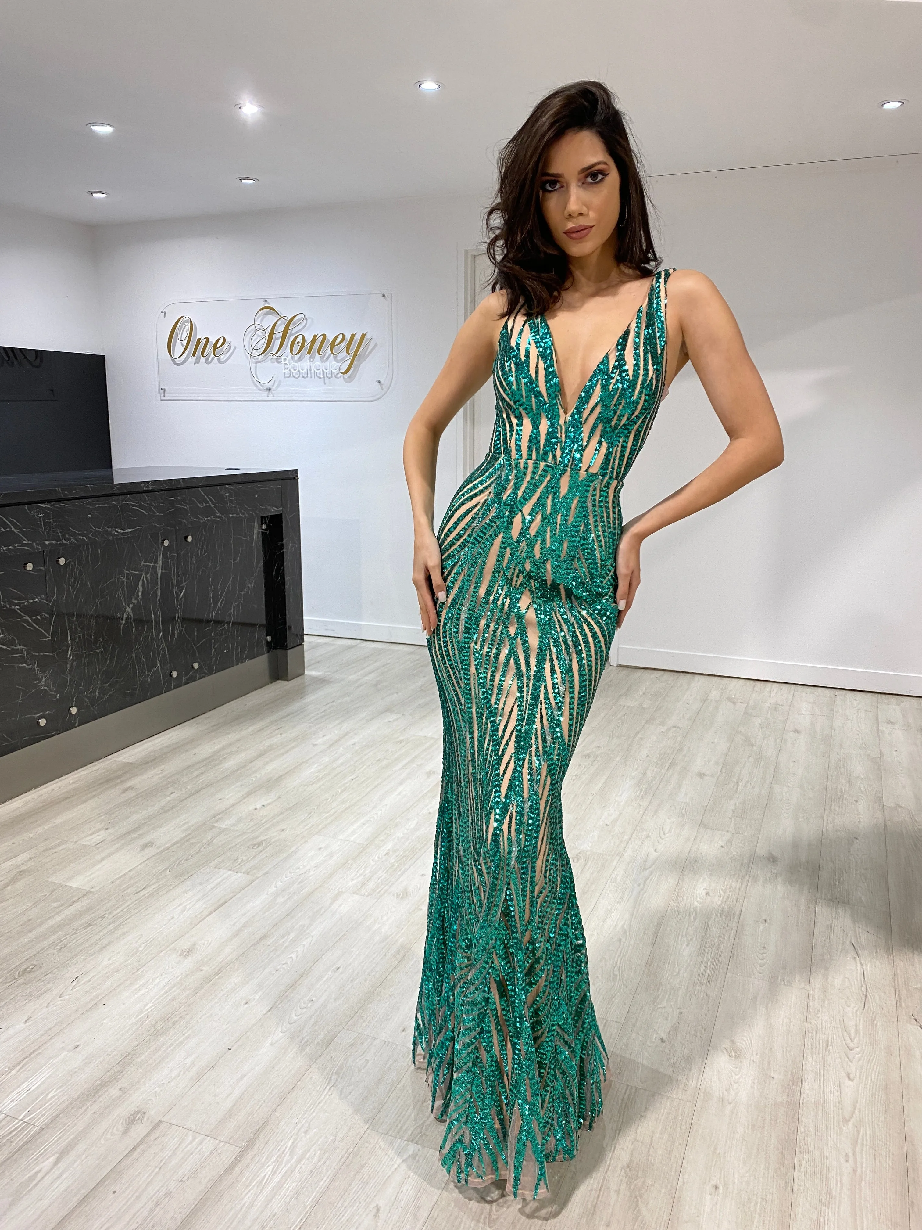 Honey Couture YASMIN V Front Sequin Formal Evening Gown