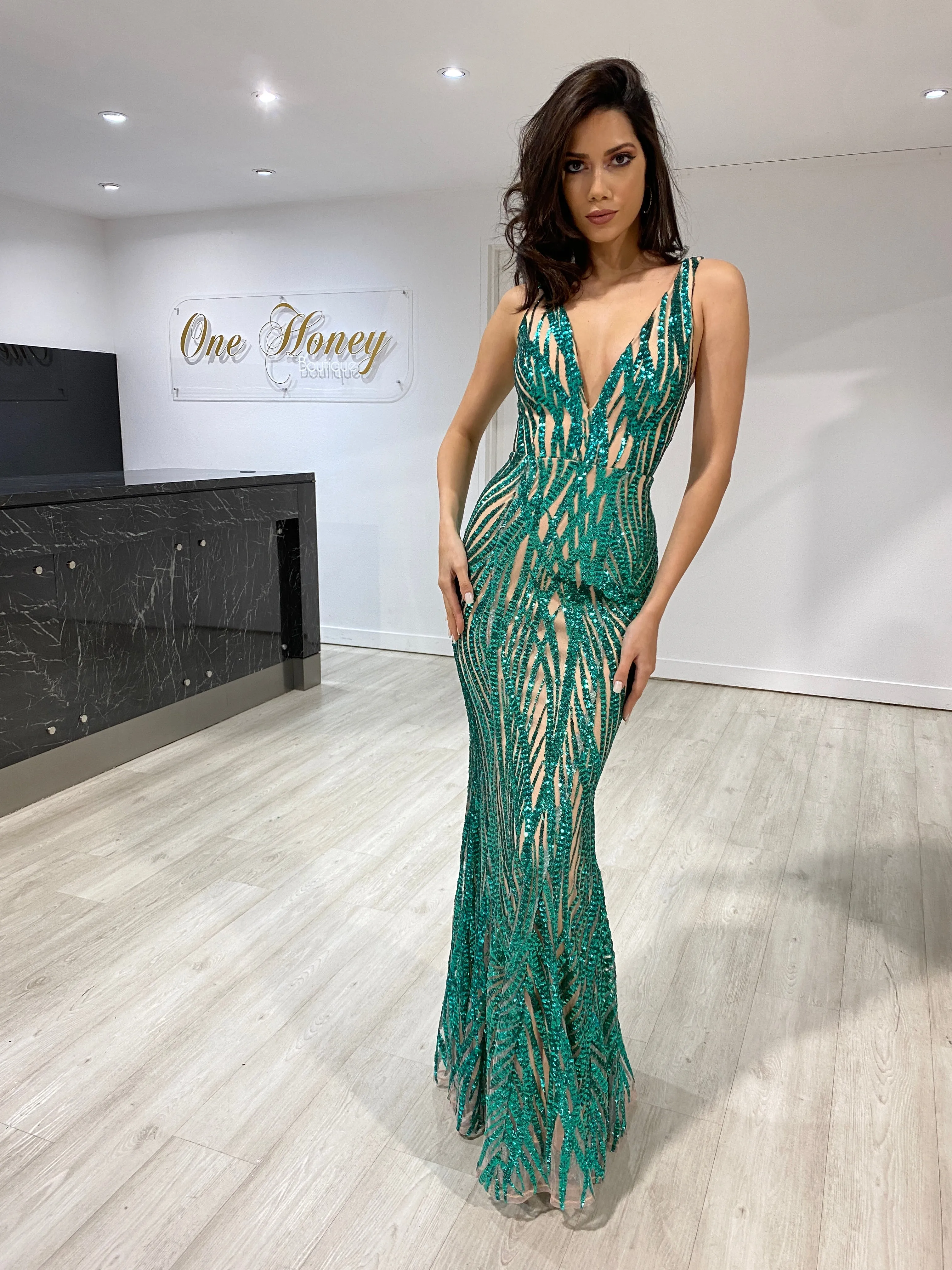 Honey Couture YASMIN V Front Sequin Formal Evening Gown