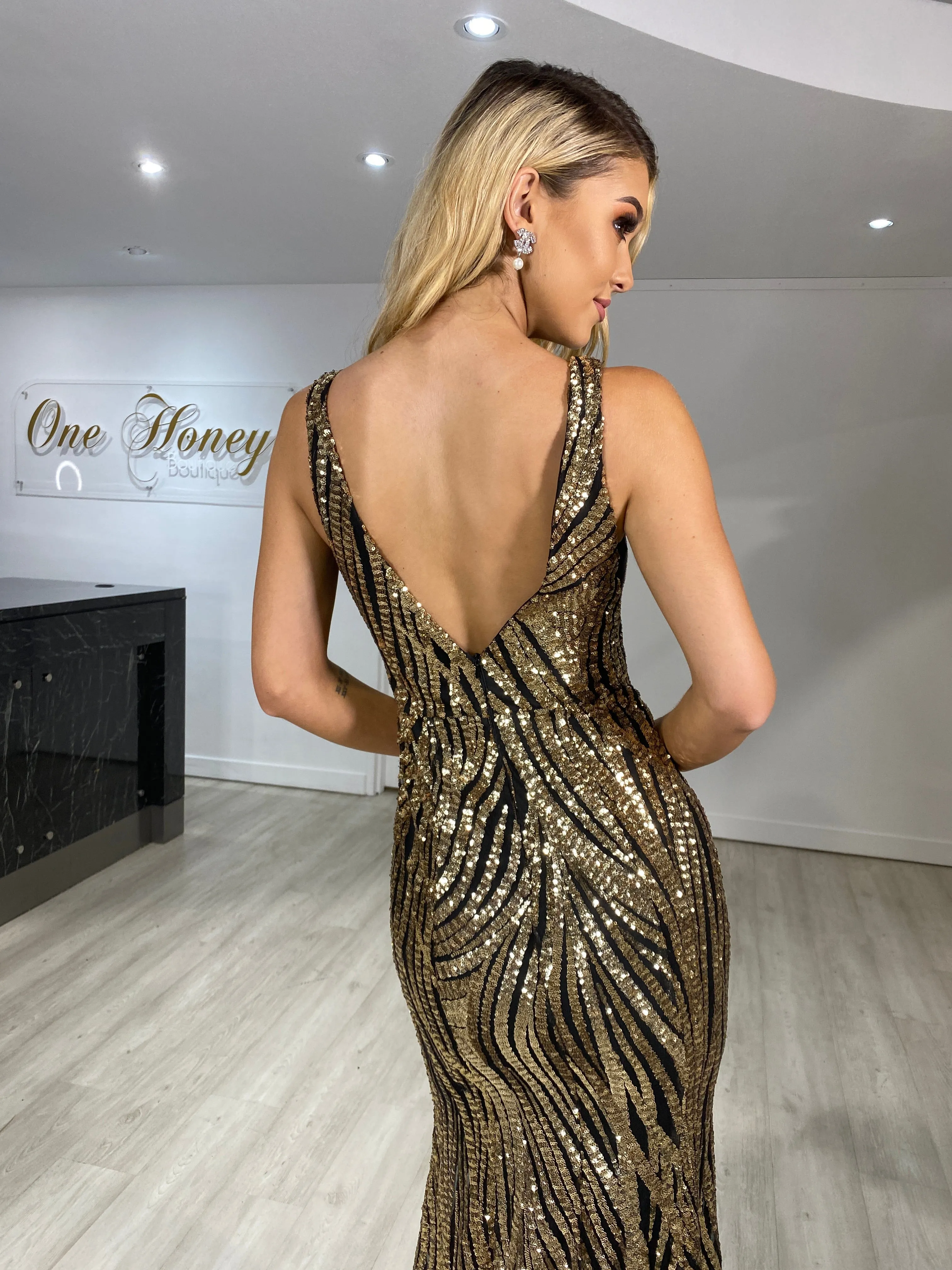 Honey Couture YASMIN V Front Sequin Formal Evening Gown