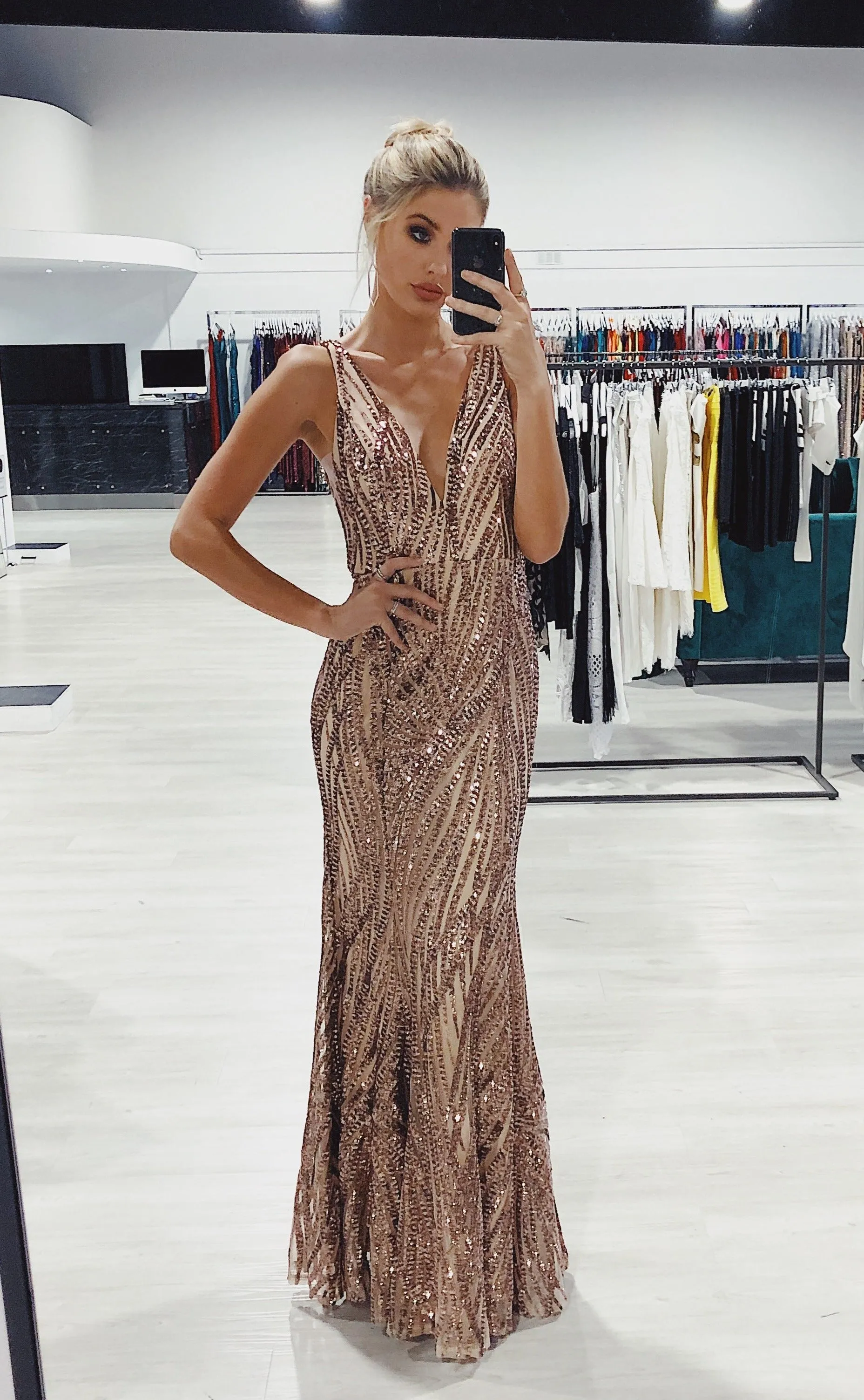 Honey Couture YASMIN V Front Sequin Formal Evening Gown