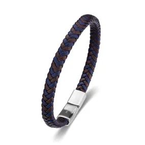 Leather & Stainless Steel Men's Bracelet - Brown and Blue Braid