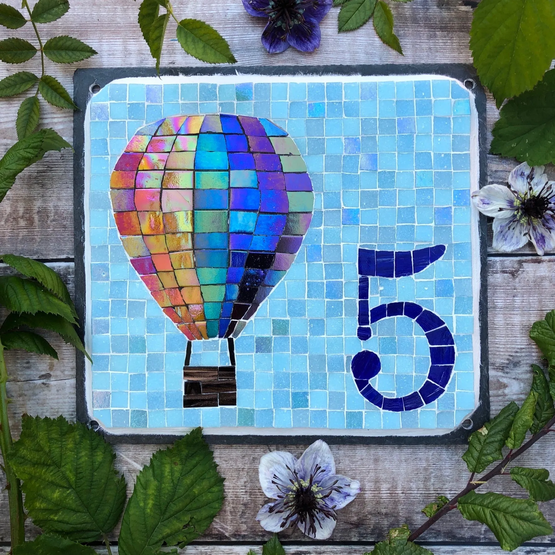 Mosaic house number with a hot air balloon