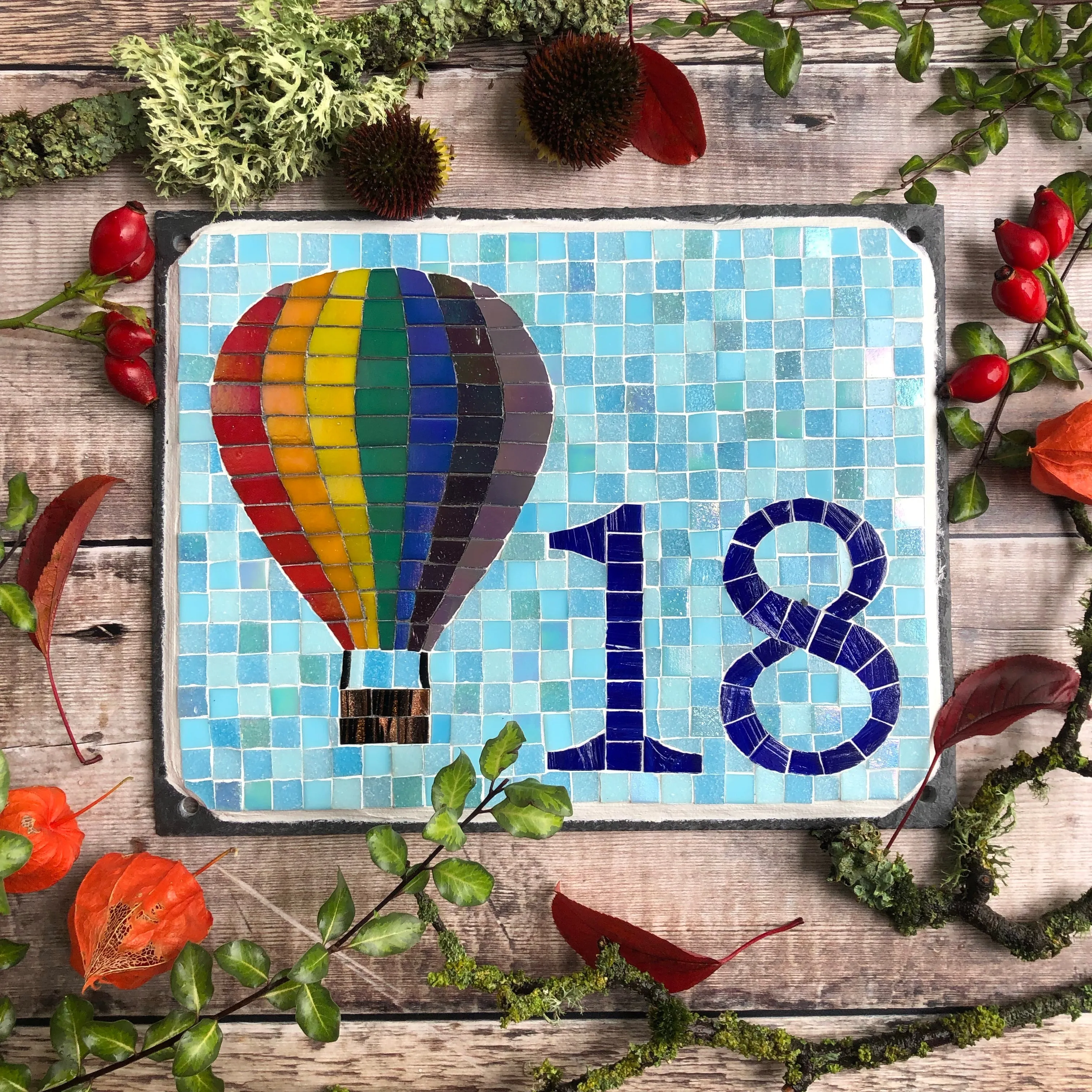 Mosaic house number with a hot air balloon