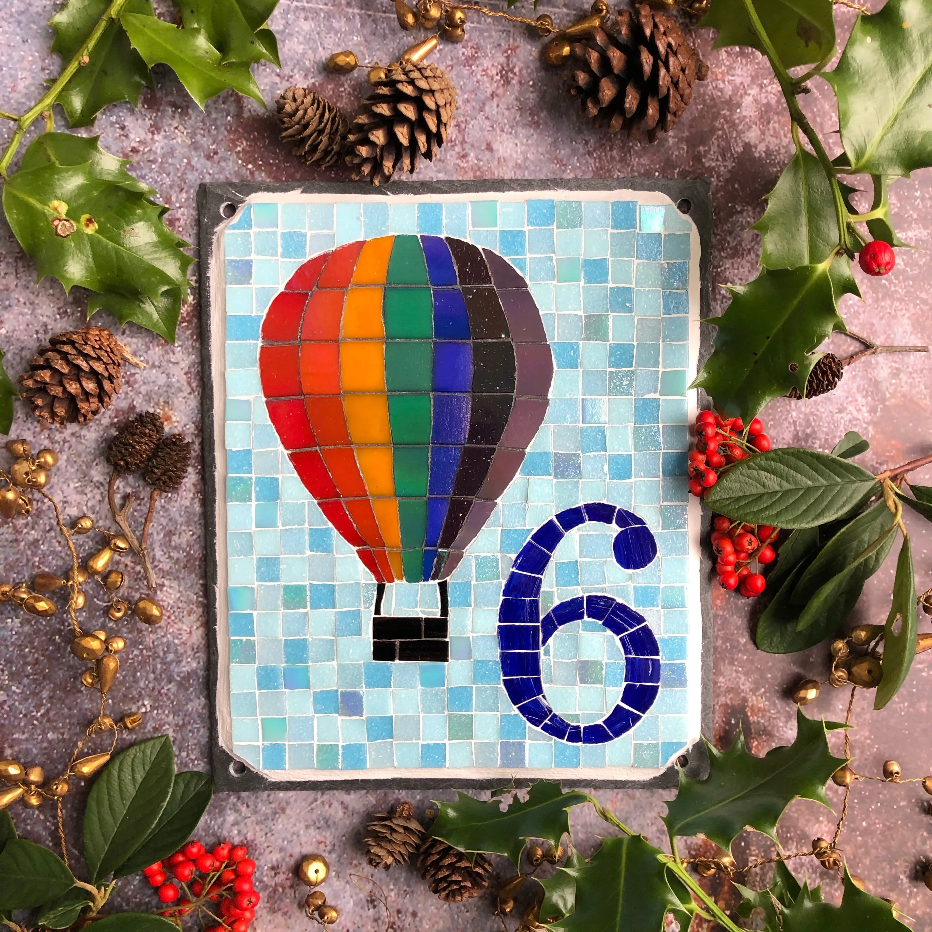 Mosaic house number with a hot air balloon