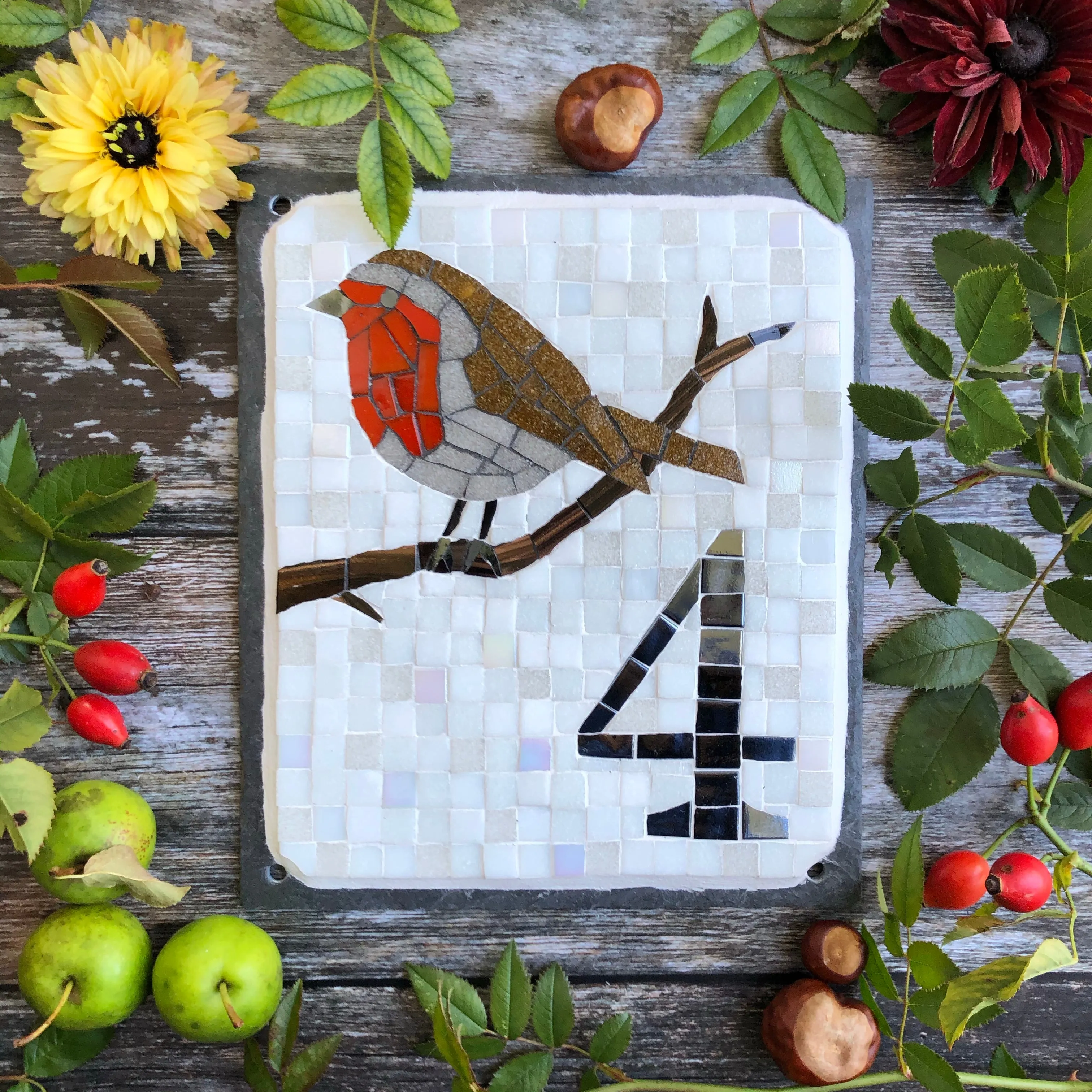 Mosaic house number with a robin