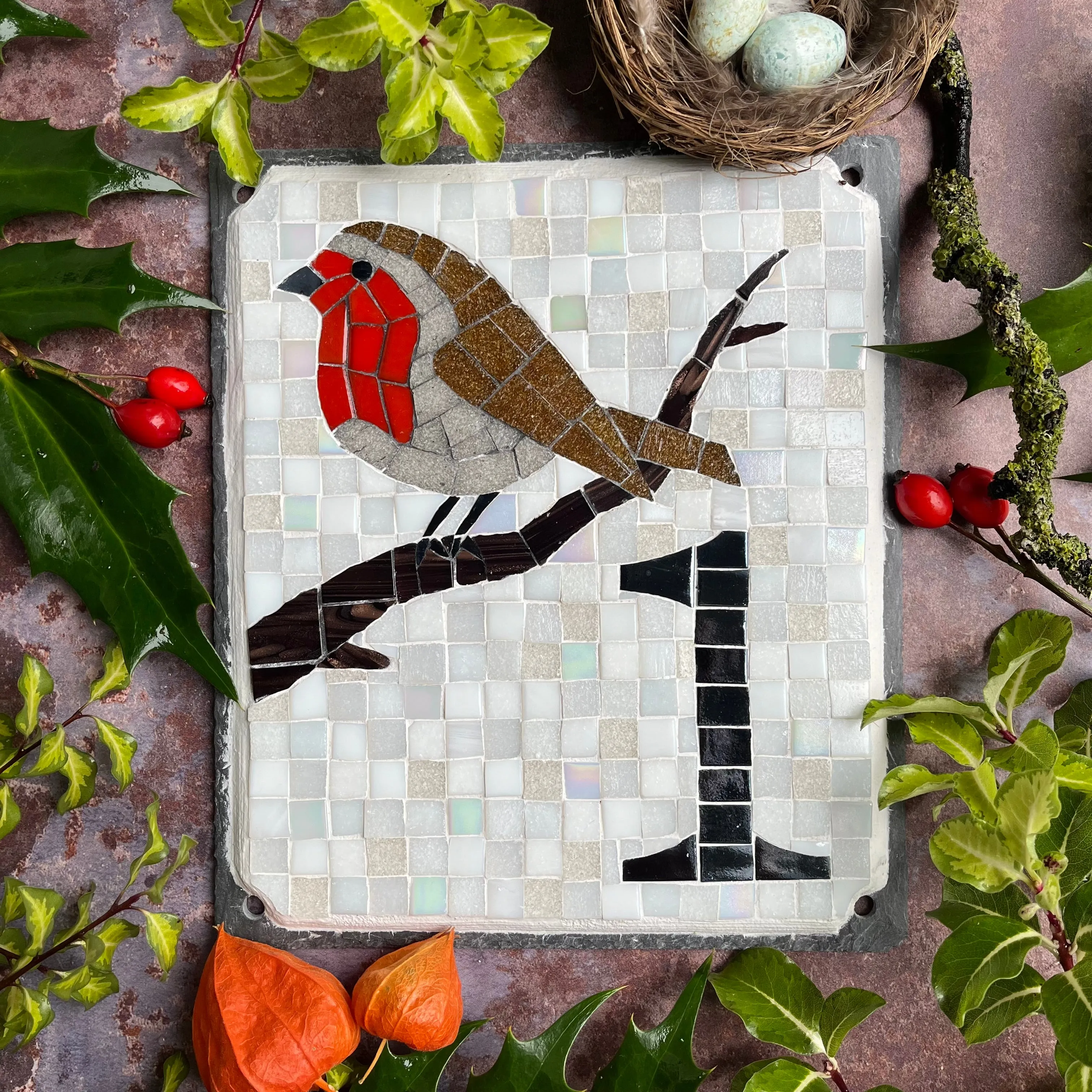 Mosaic house number with a robin