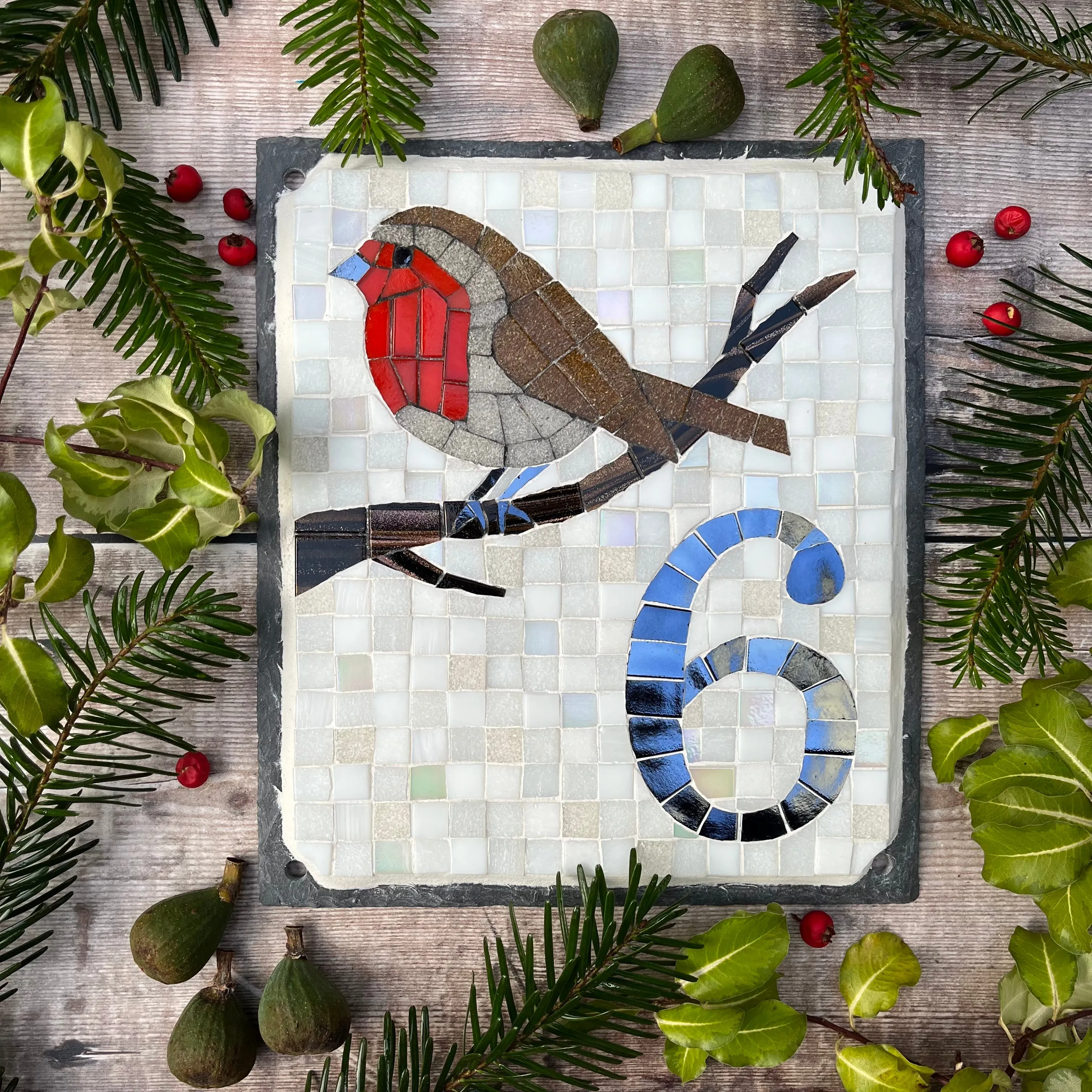 Mosaic house number with a robin