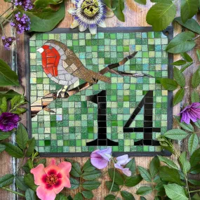 Mosaic house number with a robin