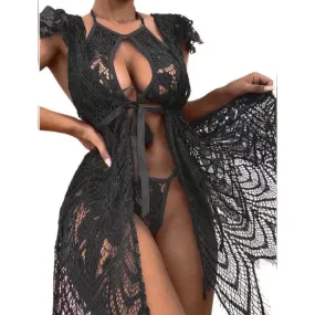 Sexy Lace Long Gown Bathrobe Sexy Mesh Bra & Underwear