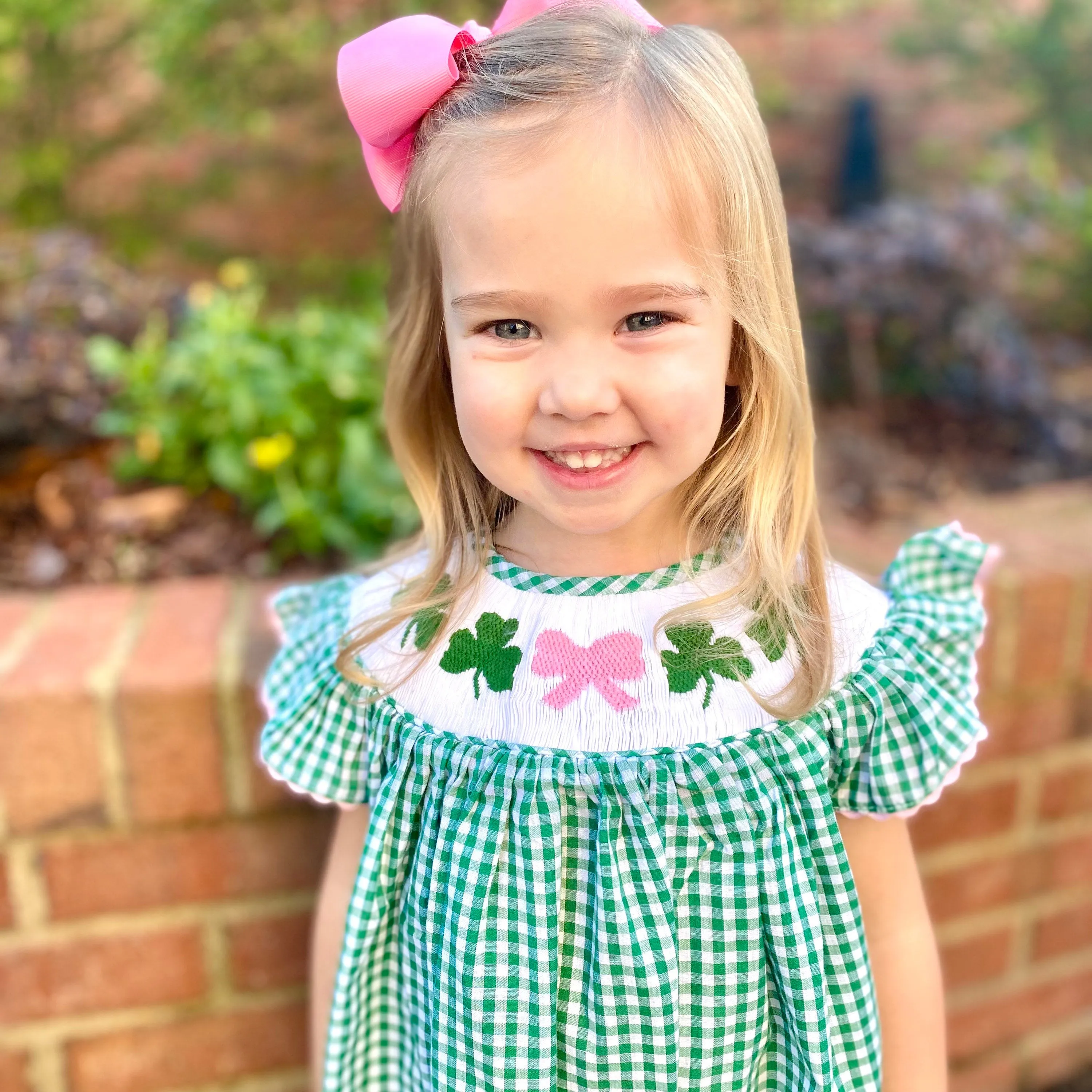 Shamrock & Bow Smocked Bishop Dress in Gingham - St. Patrick's Day