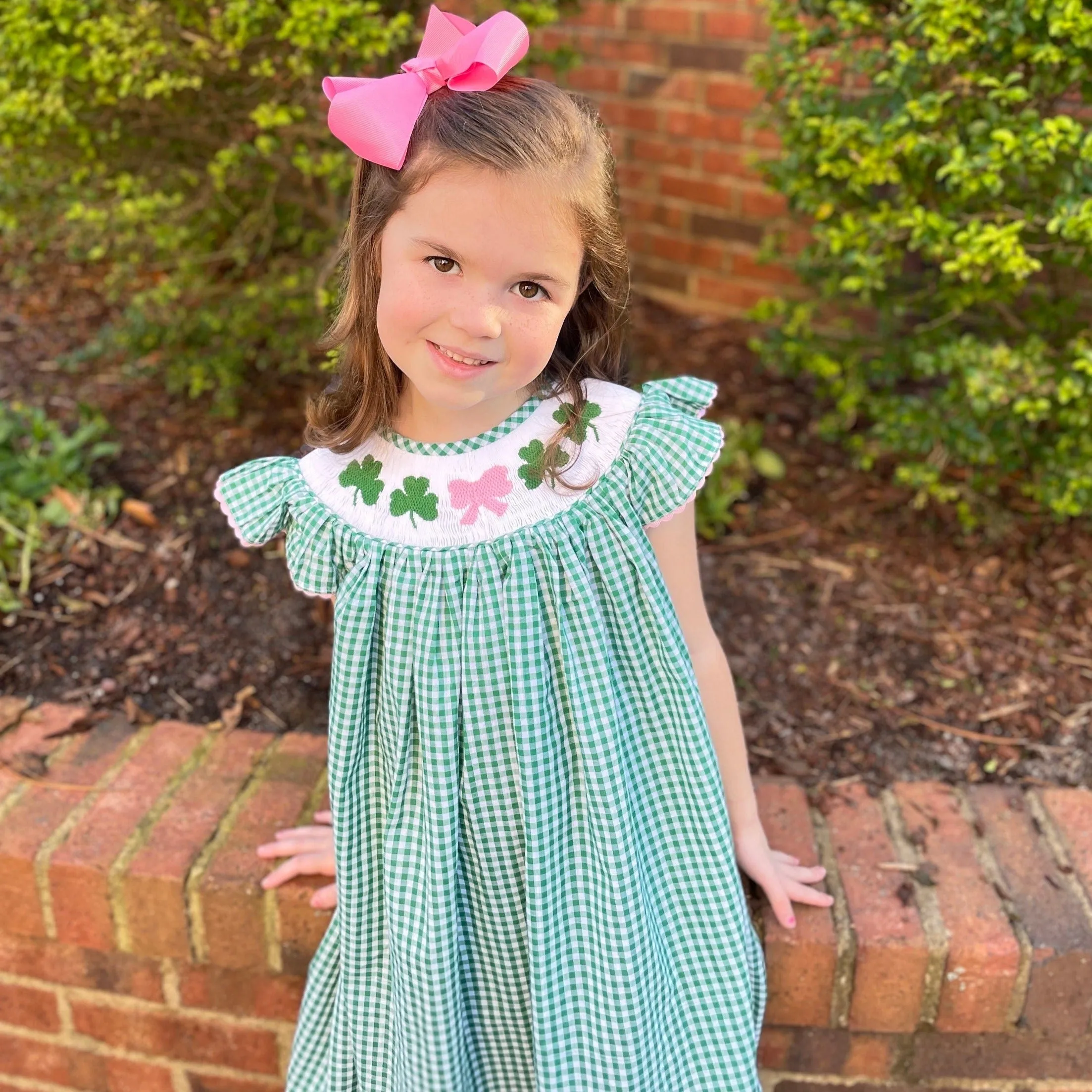 Shamrock & Bow Smocked Bishop Dress in Gingham - St. Patrick's Day