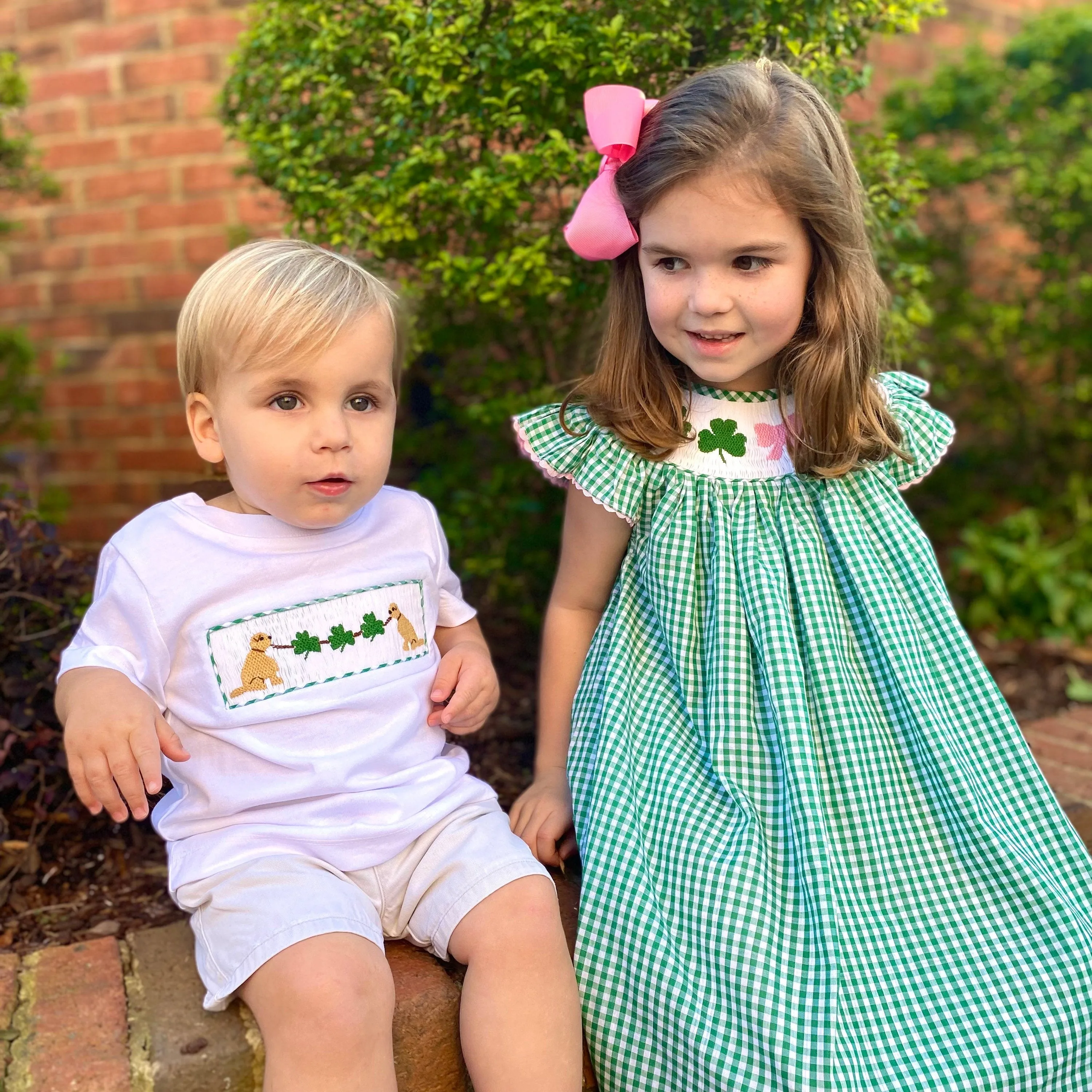 Shamrock & Bow Smocked Bishop Dress in Gingham - St. Patrick's Day