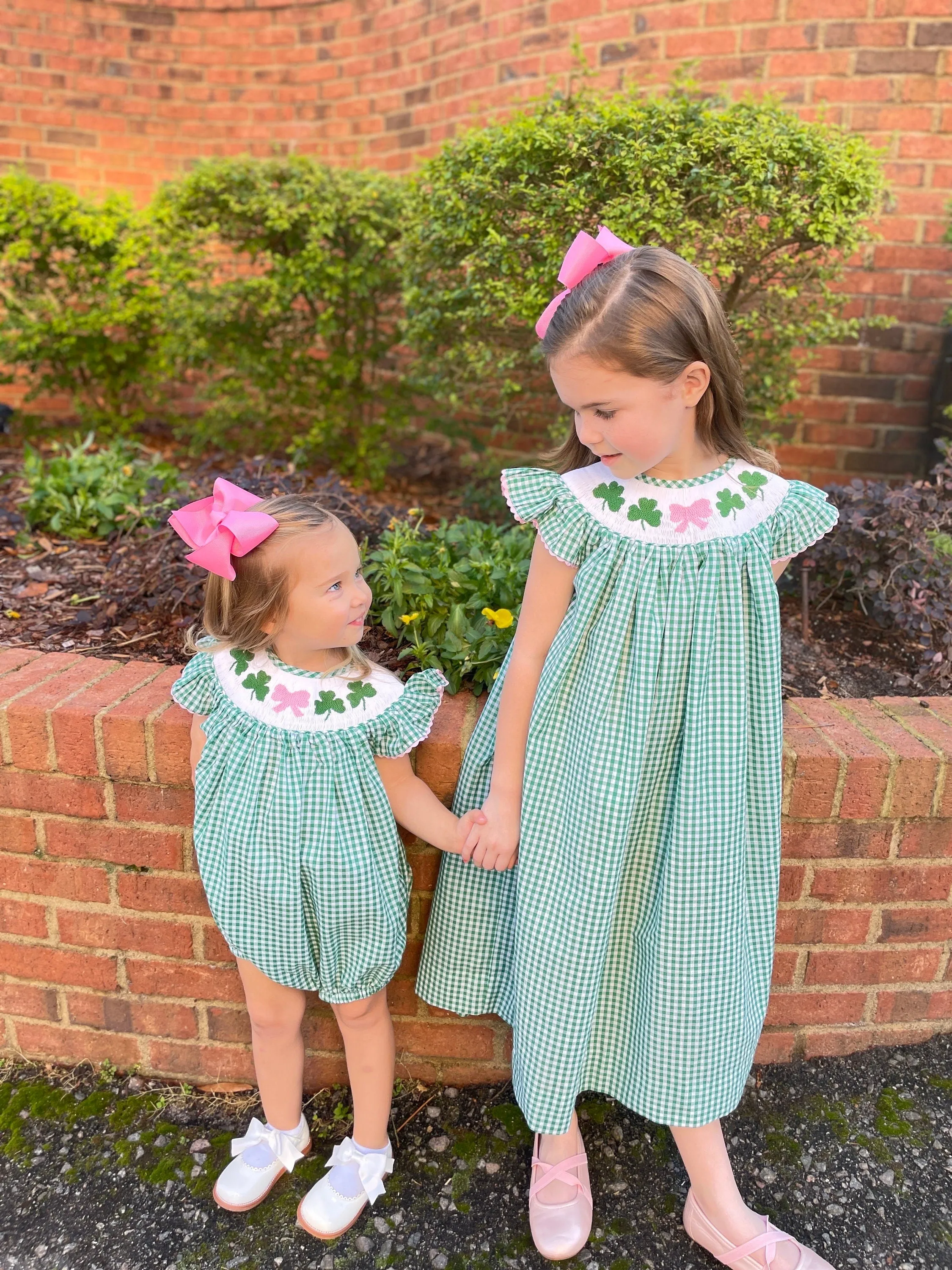 Shamrock & Bow Smocked Bishop Dress in Gingham - St. Patrick's Day