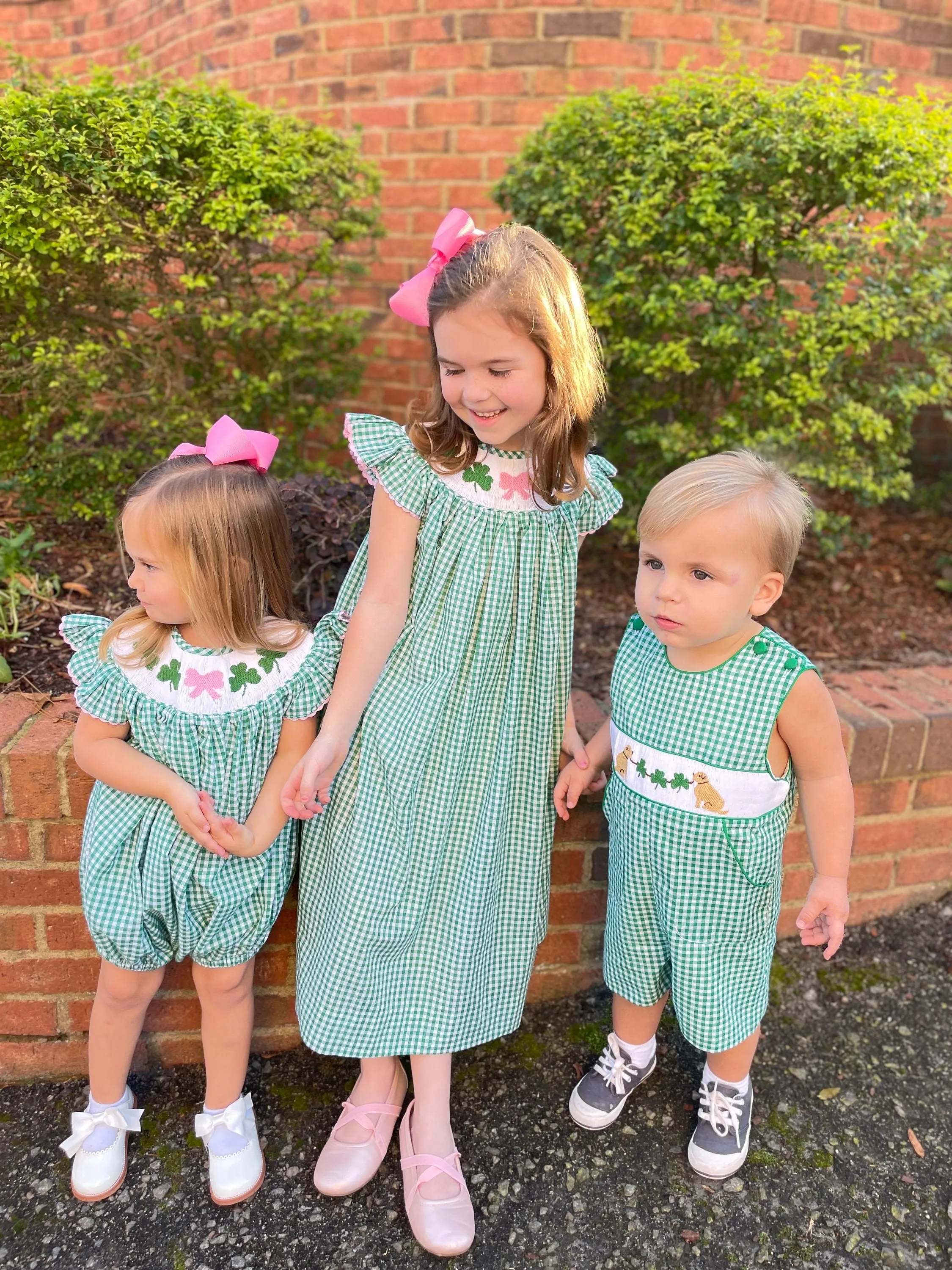 Shamrock & Bow Smocked Bishop Dress in Gingham - St. Patrick's Day