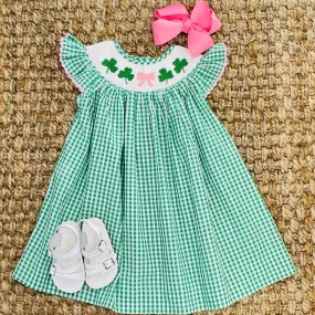 Shamrock & Bow Smocked Bishop Dress in Gingham - St. Patrick's Day