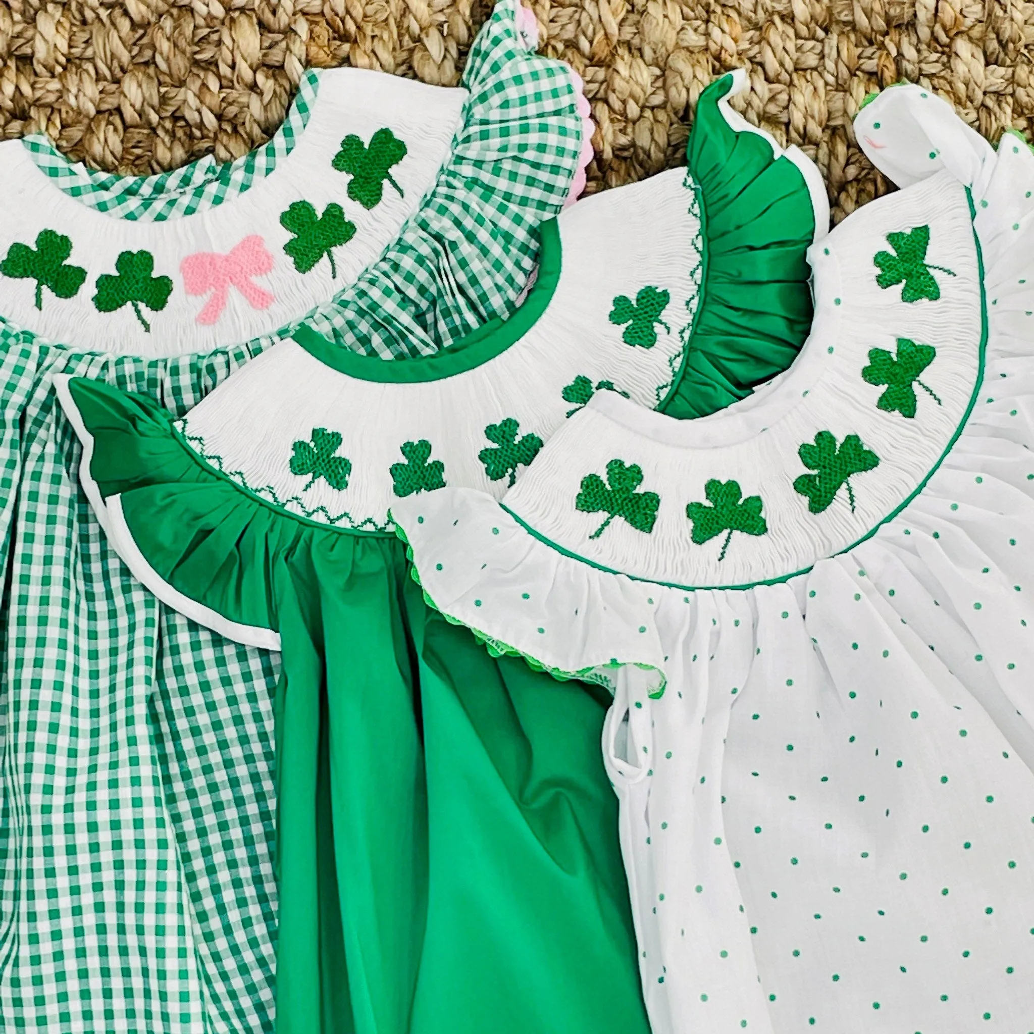 Shamrock & Bow Smocked Bishop Dress in Gingham - St. Patrick's Day