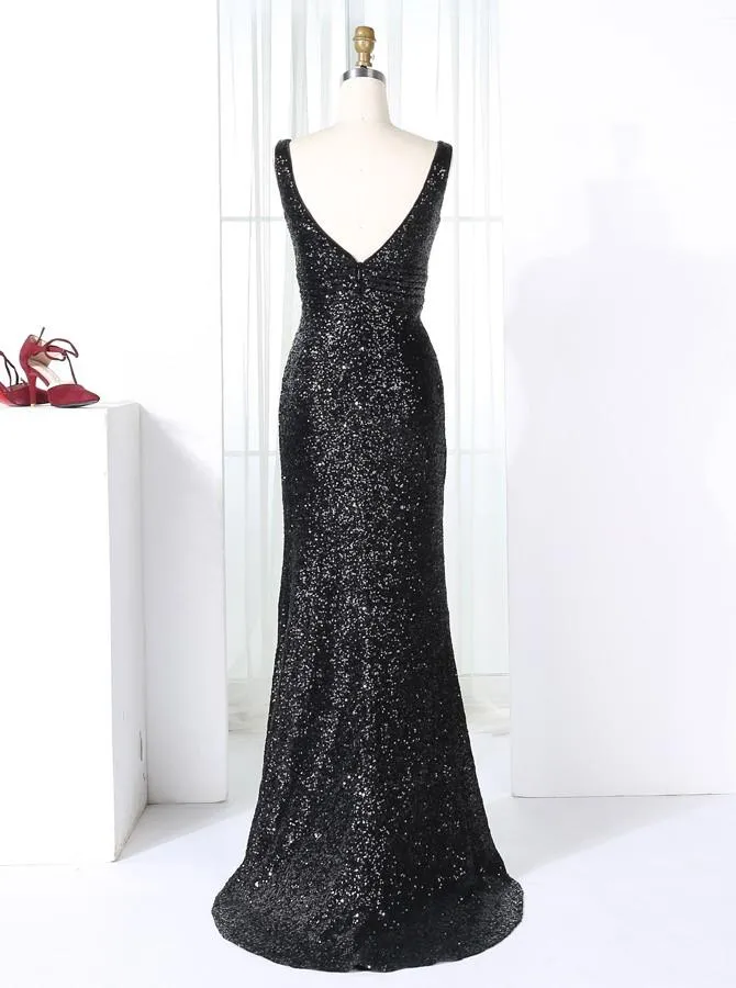 Sheath Sweep Train Black Ruched Sequined Bridesmaid Dress with V-neck (BMA205L)