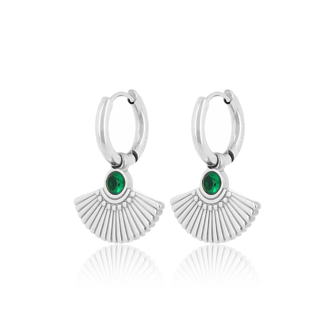 Silver coloured hoop earrings with a peacock tail