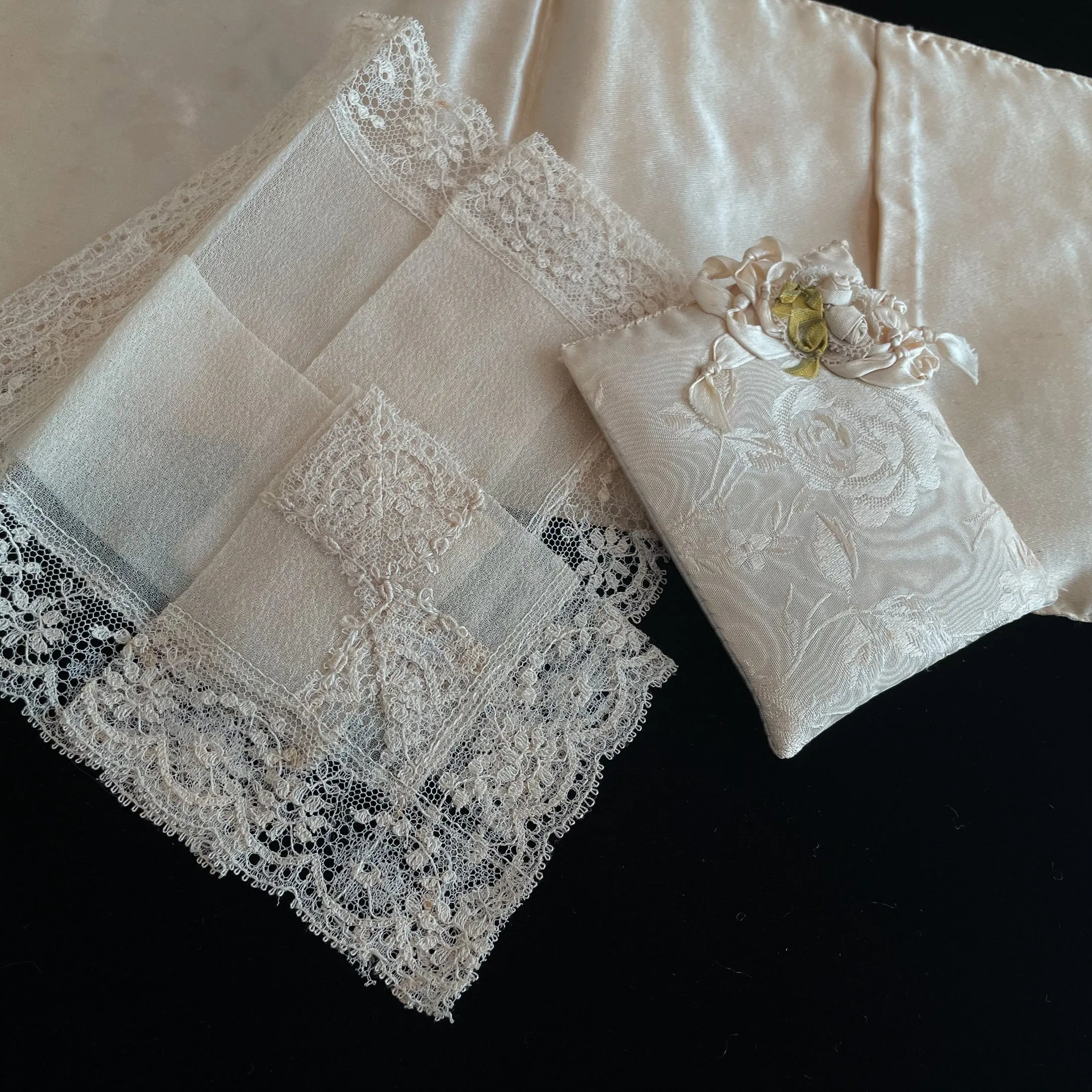 SOLD Antique Wedding Ring Pillow With Handkerchief & Sachet, 1920s Bridal Collection, Ribbon Lace Wedding Memento, Prop Costume Display