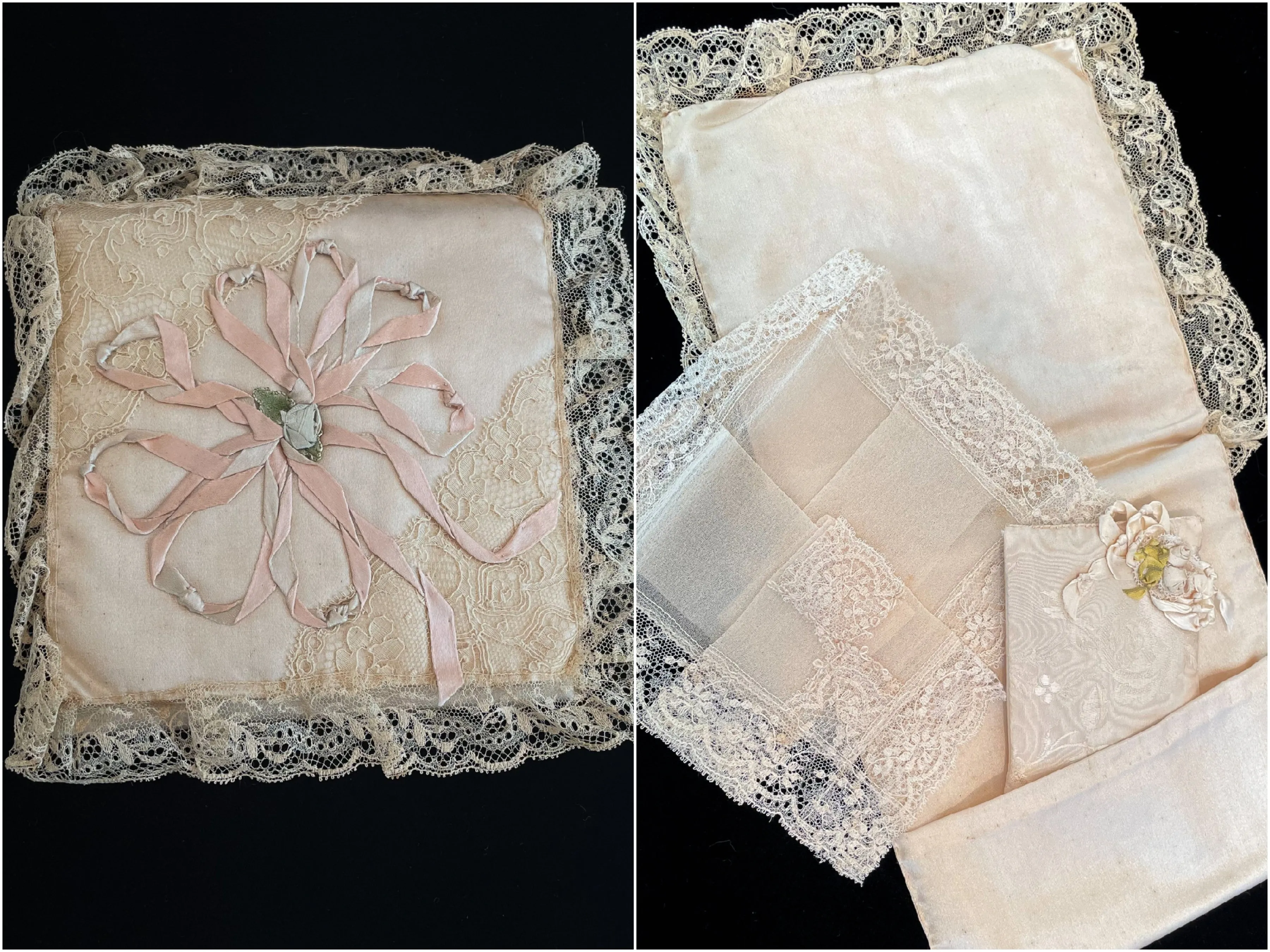 SOLD Antique Wedding Ring Pillow With Handkerchief & Sachet, 1920s Bridal Collection, Ribbon Lace Wedding Memento, Prop Costume Display