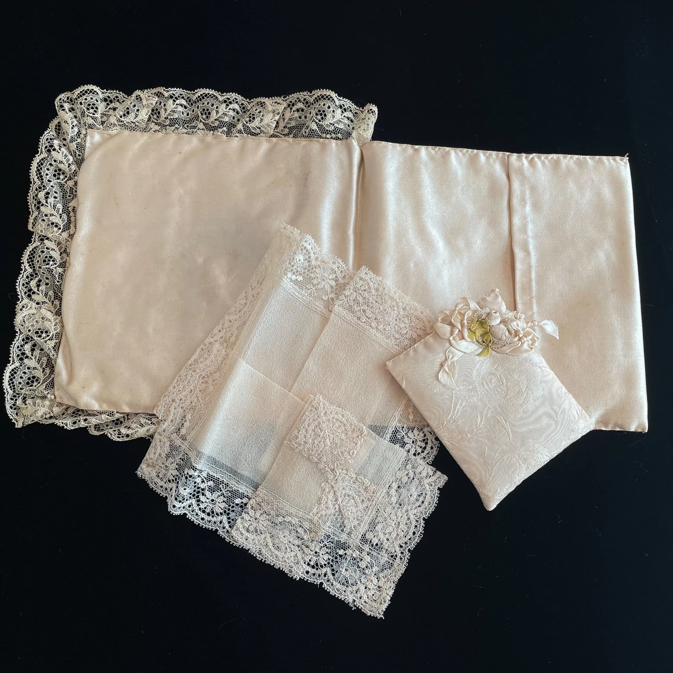 SOLD Antique Wedding Ring Pillow With Handkerchief & Sachet, 1920s Bridal Collection, Ribbon Lace Wedding Memento, Prop Costume Display