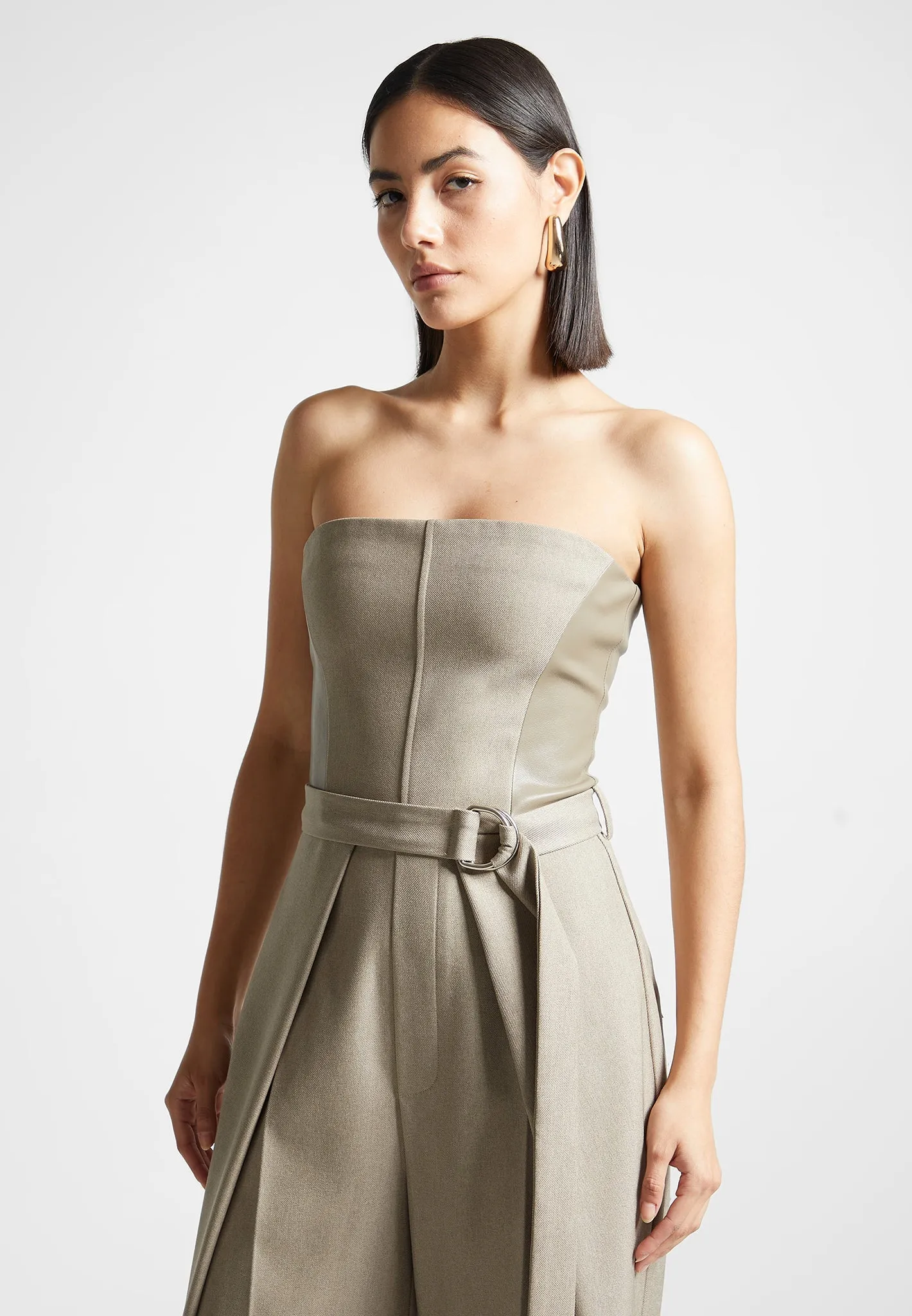 Tailored Pleat Jumpsuit with Belt - Beige