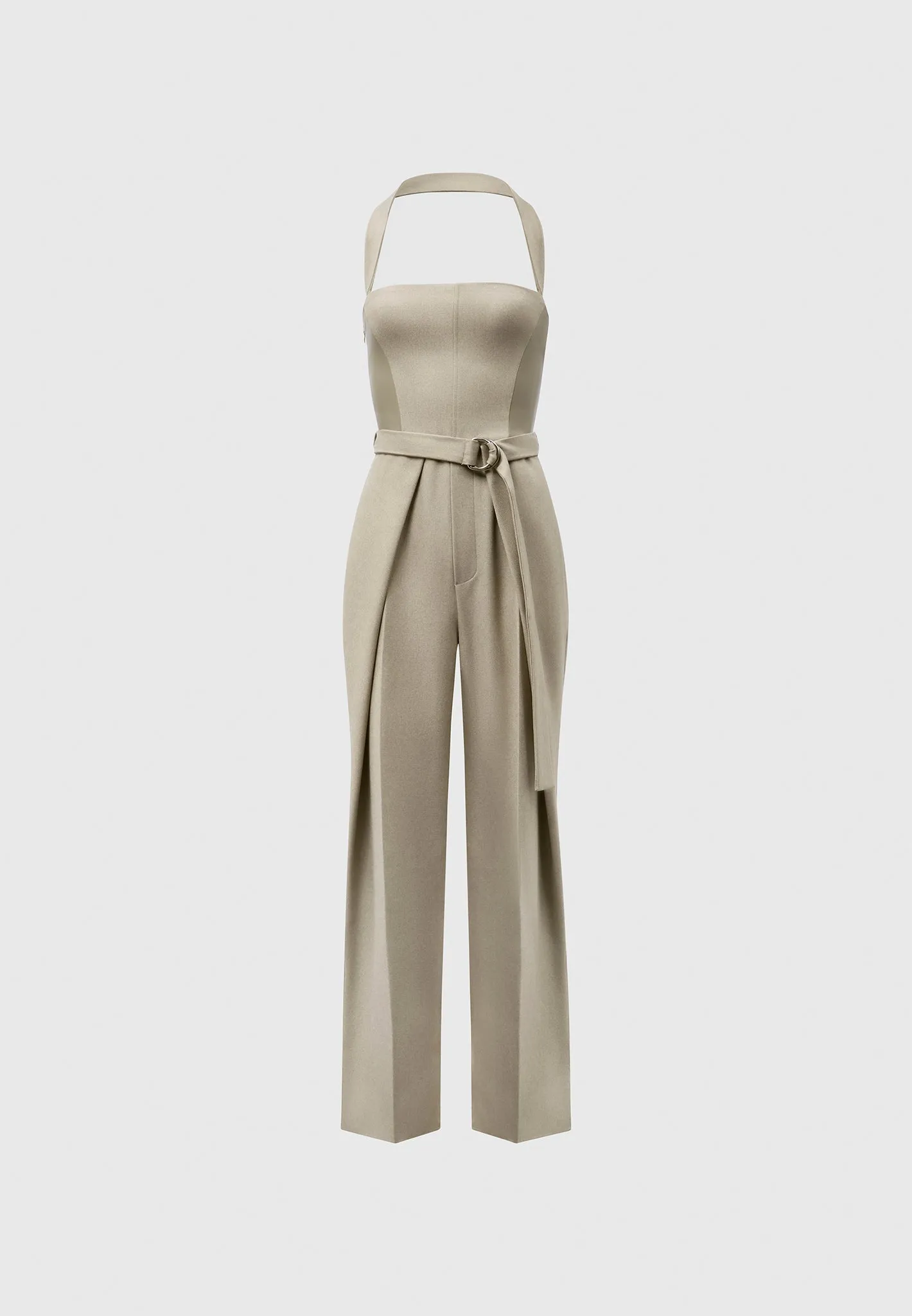 Tailored Pleat Jumpsuit with Belt - Beige