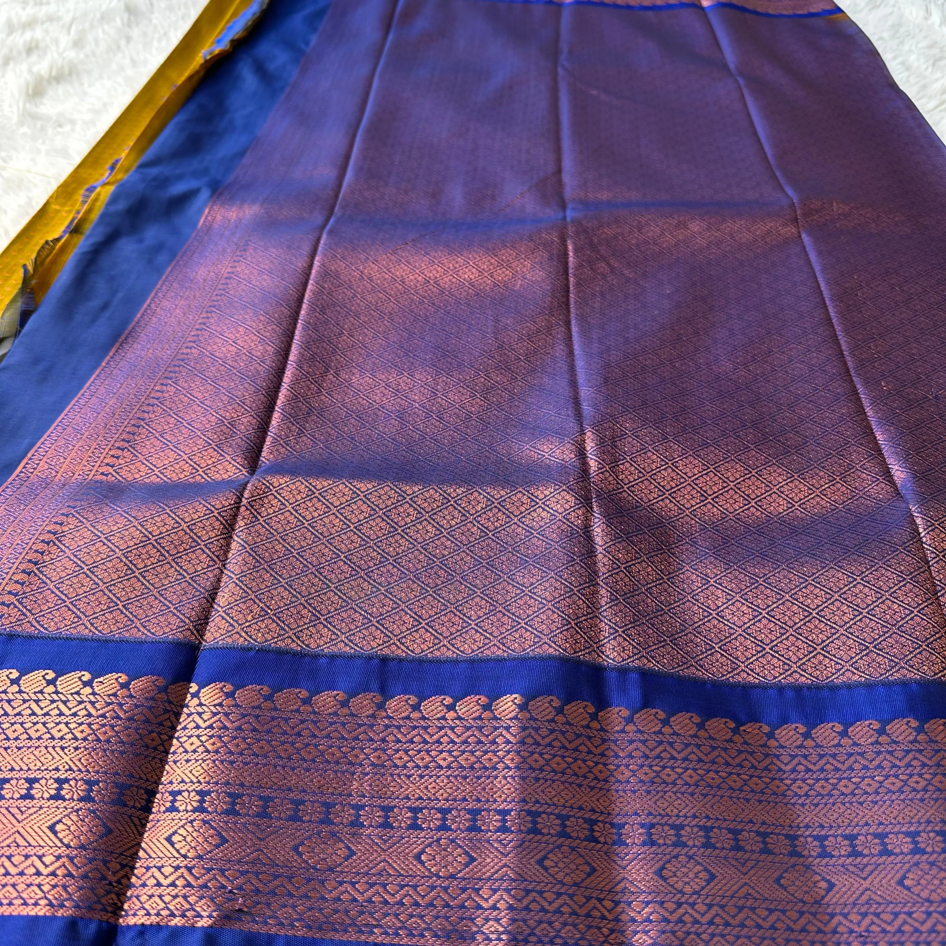 The Creamy Butterscotch Yellow Semi Silk Saree With Navy Blue Border