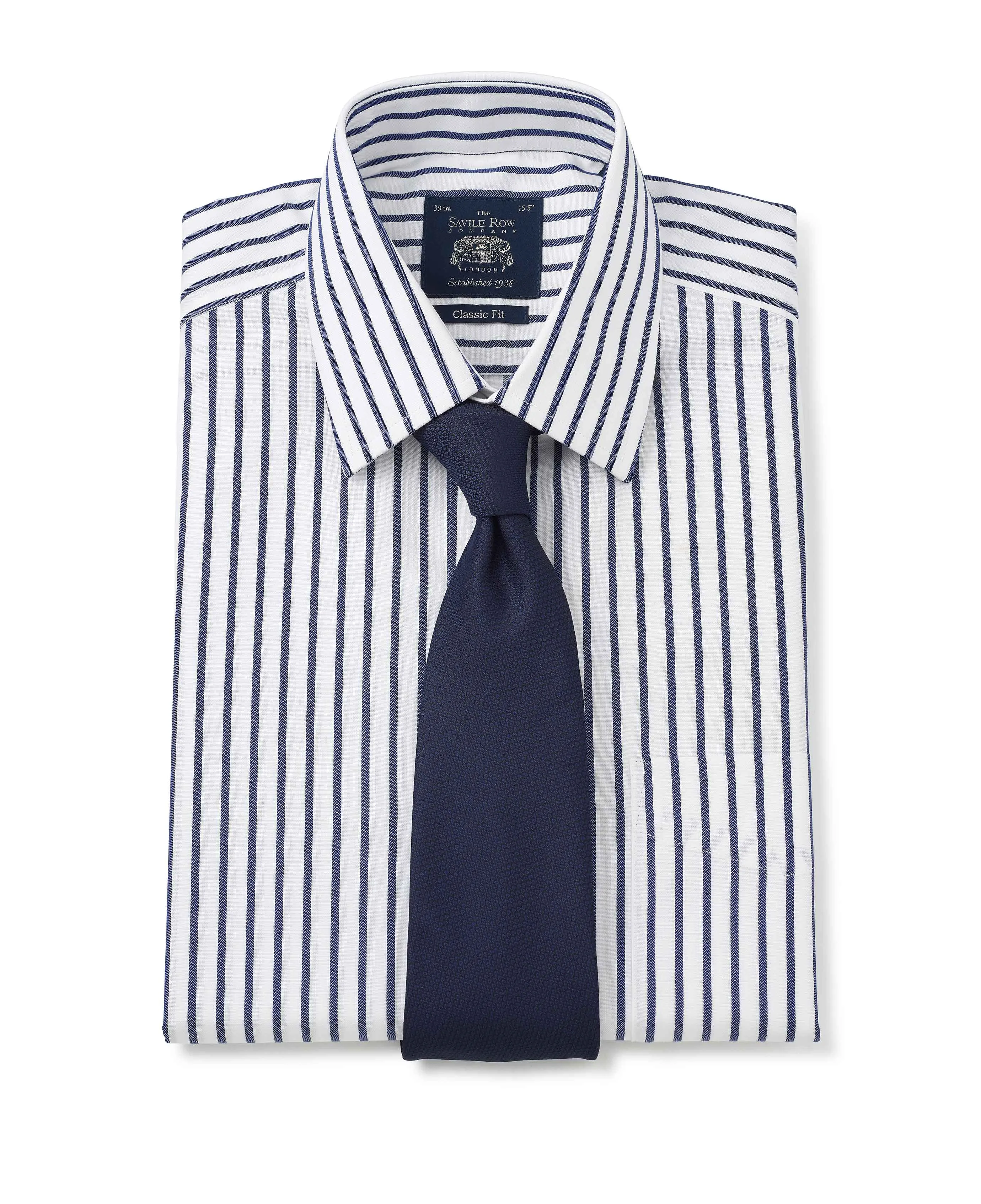 White Navy Stripe Classic Fit Non-Iron Shirt - Single Cuff