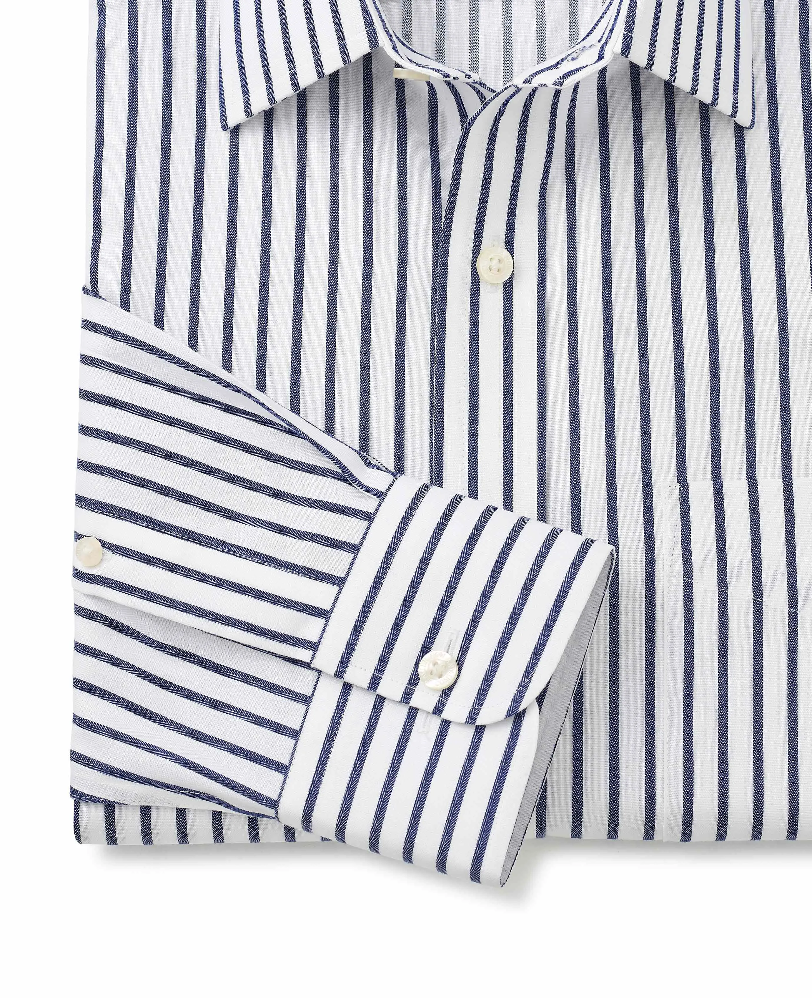 White Navy Stripe Classic Fit Non-Iron Shirt - Single Cuff