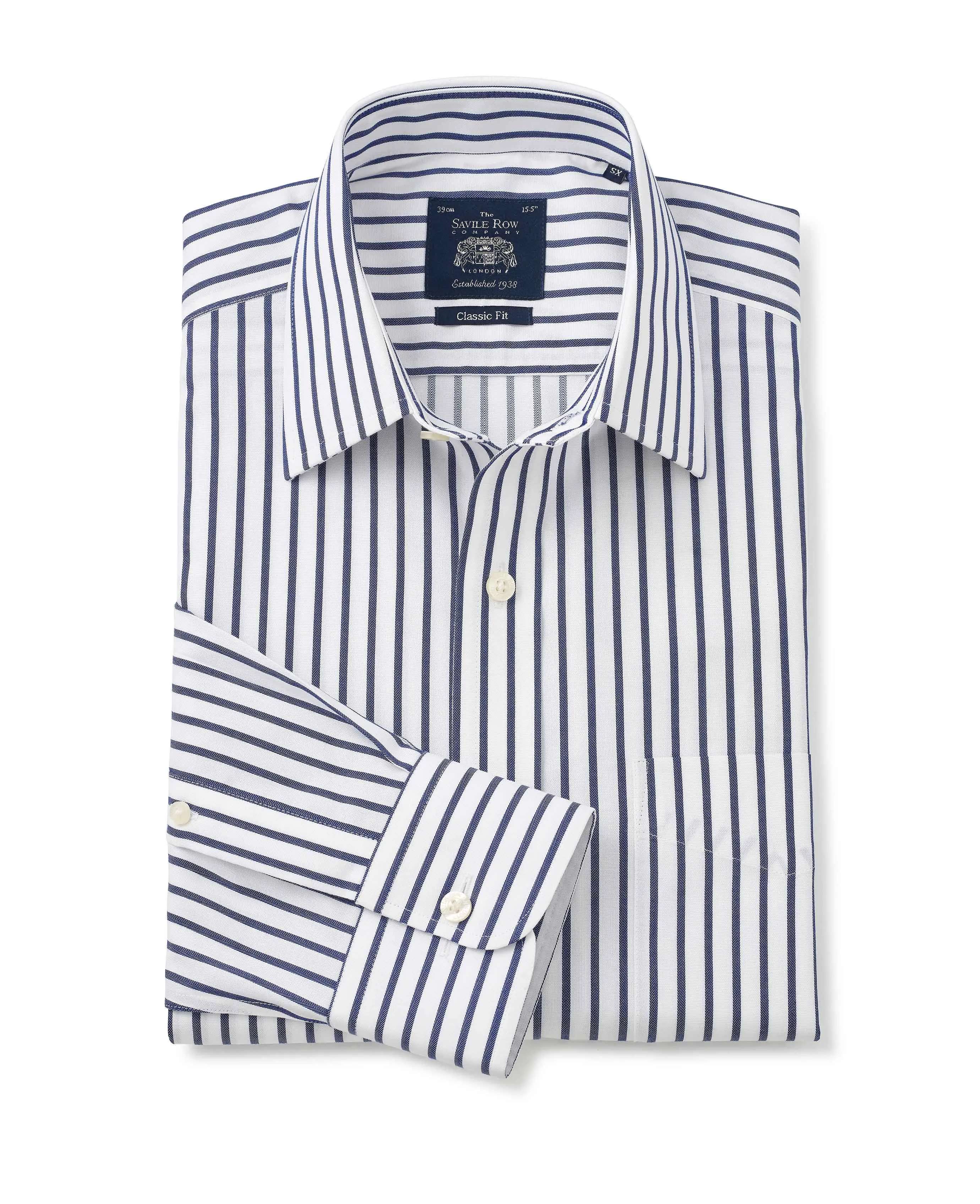 White Navy Stripe Classic Fit Non-Iron Shirt - Single Cuff